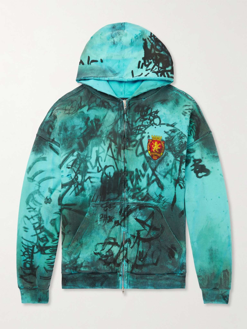 Logo-Appliquéd Distressed Printed Cotton-Jersey Zip-Up Hoodie - 1