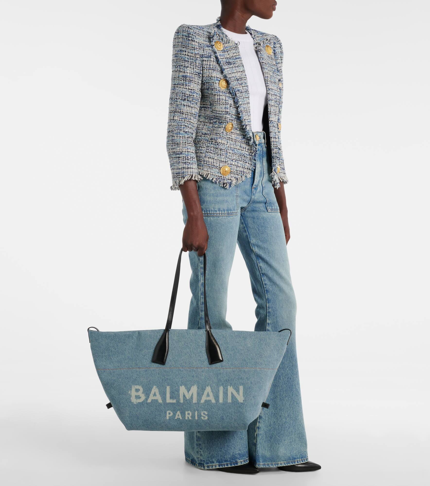 Track leather-trimmed denim tote bag - 5