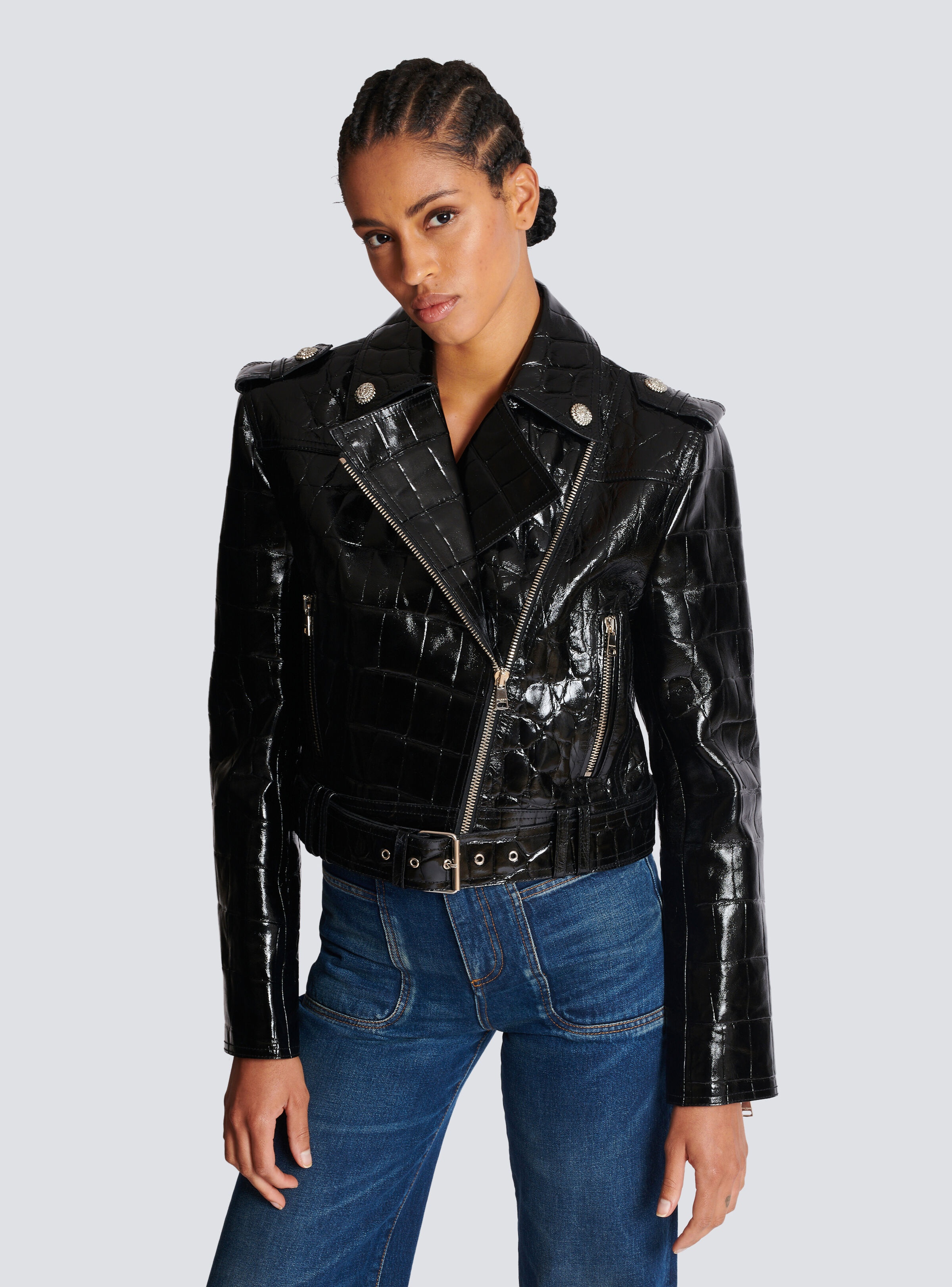 Crocodile-effect leather biker jacket - 7