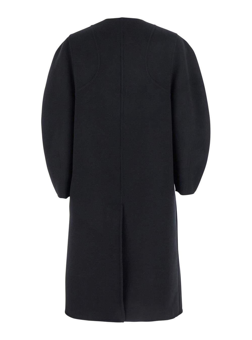 Fendi Women Black Crewneck Coat With Puffed Sleeves And Two Front Shearling Pockets In Wool Blend Wo - 2