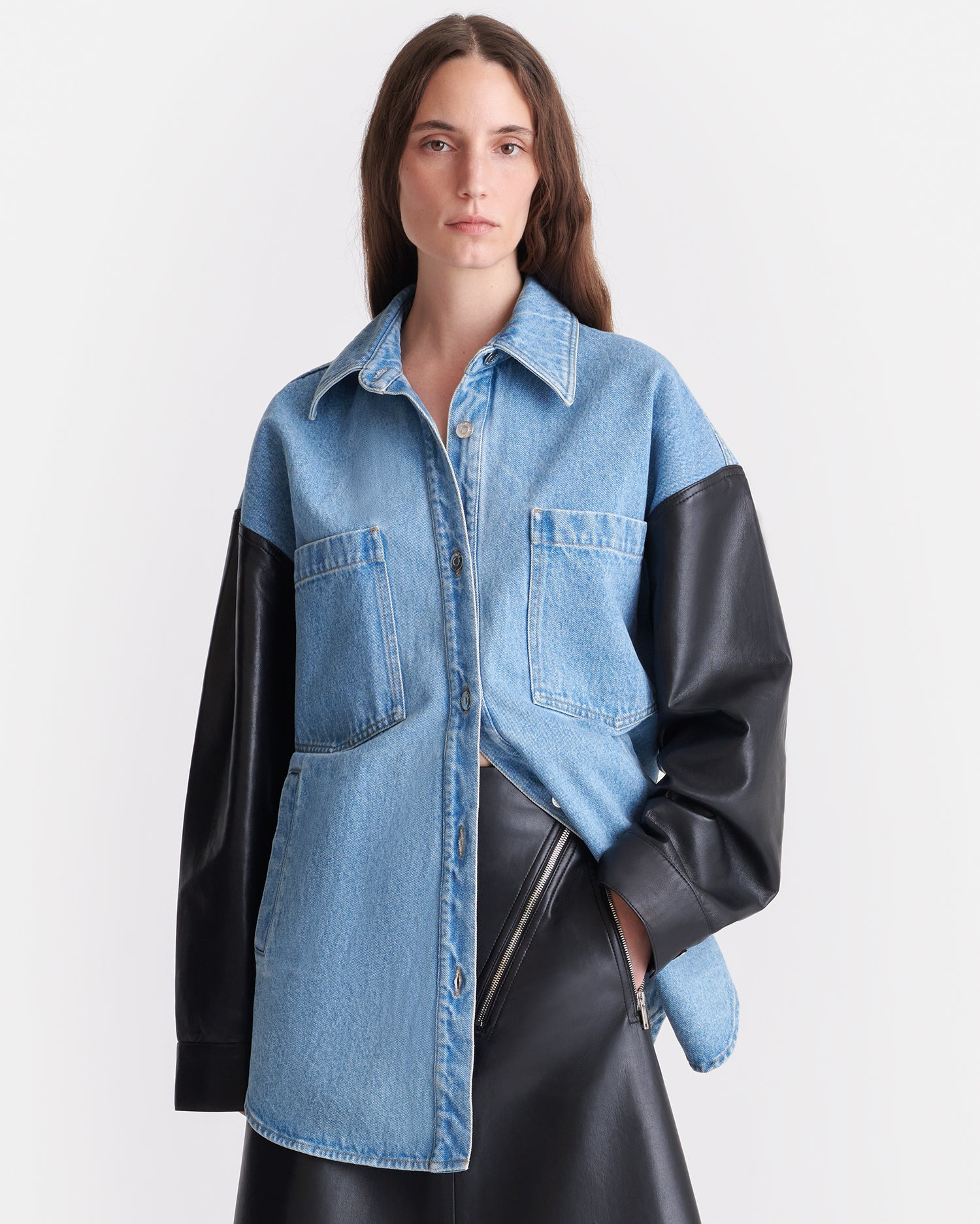 Denim and Regenerated Leather Shirt - 3