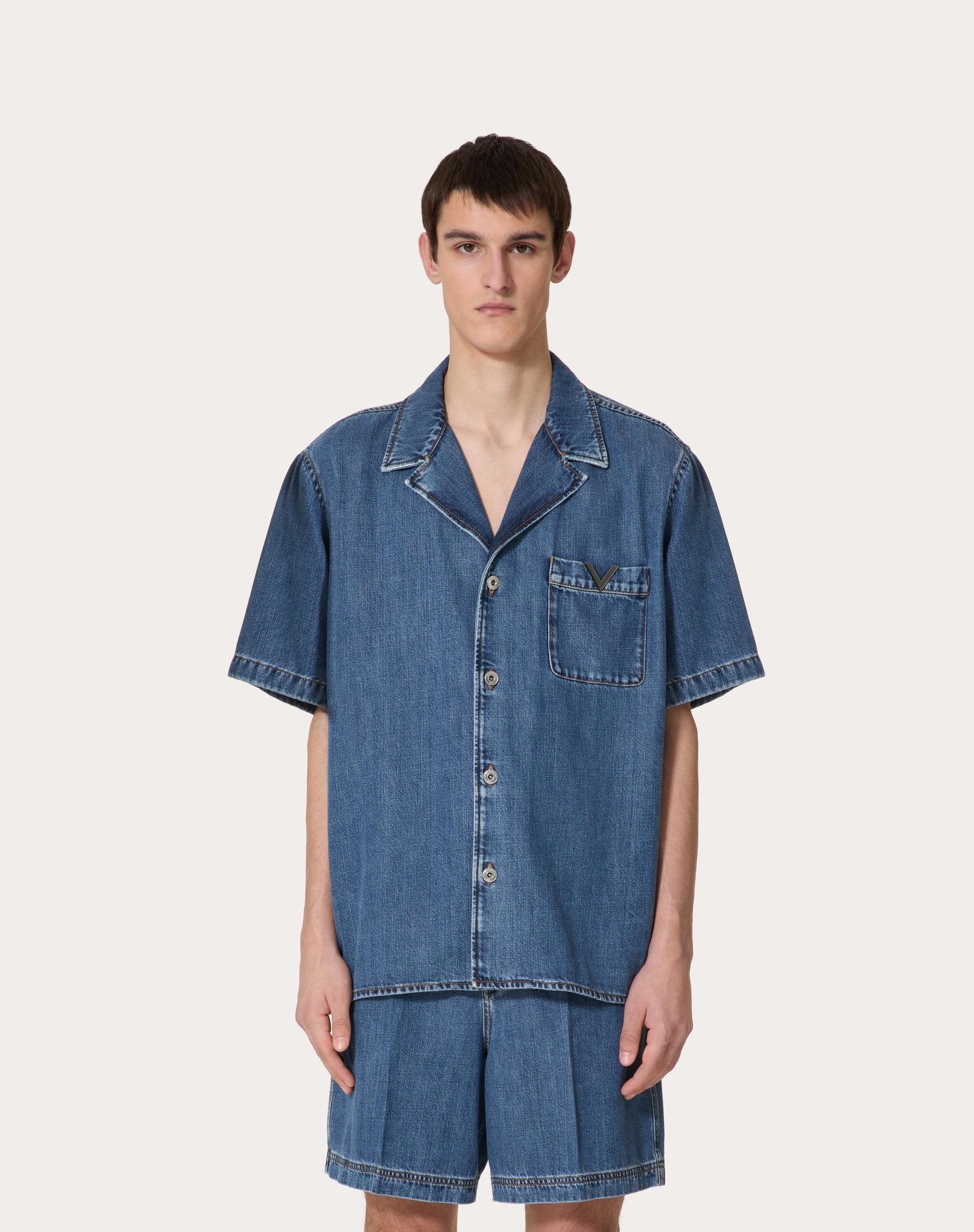 DENIM BOWLING SHIRT WITH METALLIC V DETAIL - 3