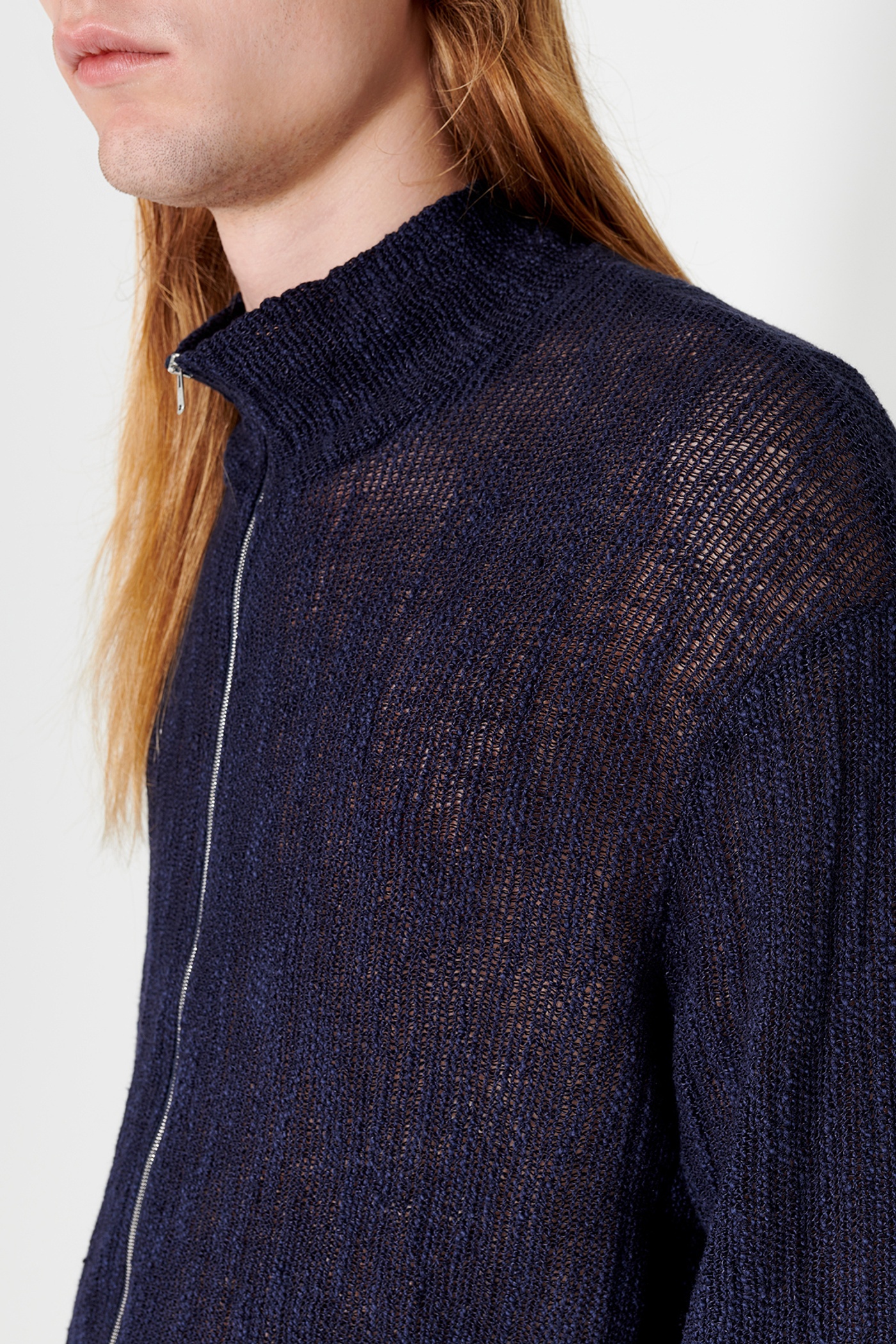Shrunken Full Zip Polo Navy Yawning Linen - 3