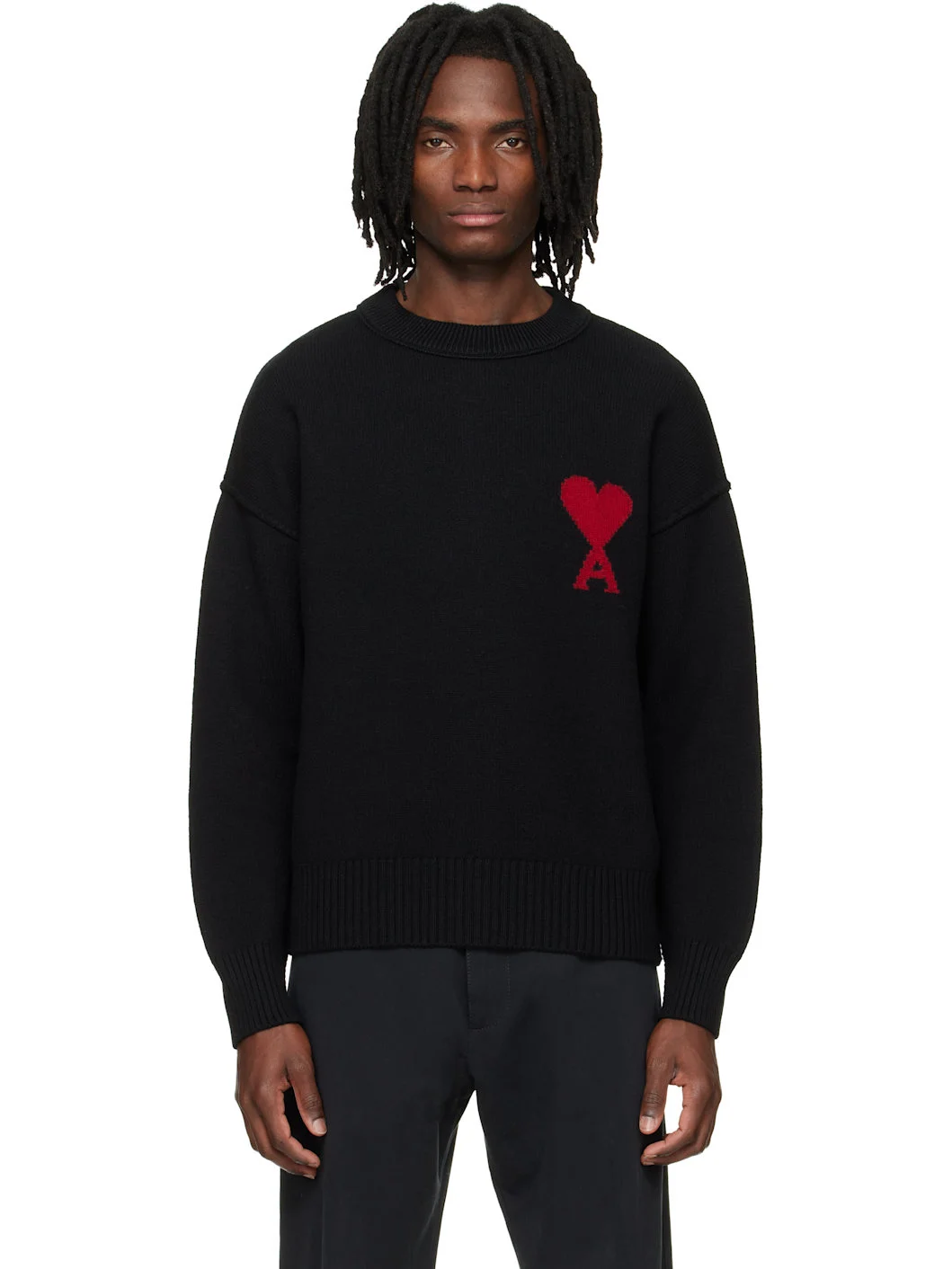 Black Wool Contrasted Ami de Coeur Crewneck Sweater - 1