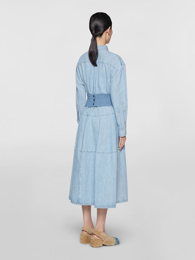 CHAMBRAY DENIM CHEMISIER DRESS WITH REMOVABLE SMOCK STITCH BELT - 3