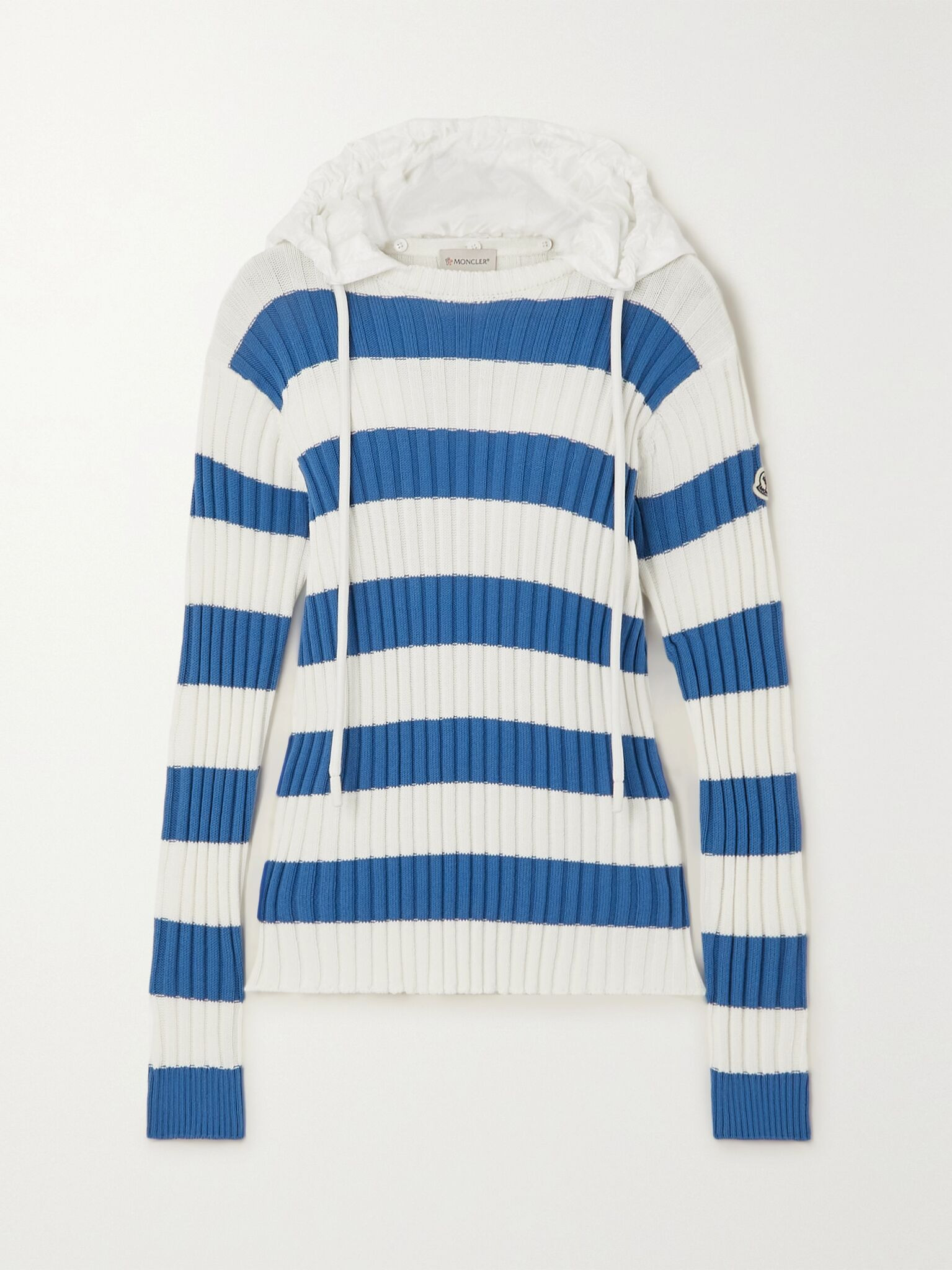 Shell-trimmed striped ribbed cotton hoodie Blue - 1