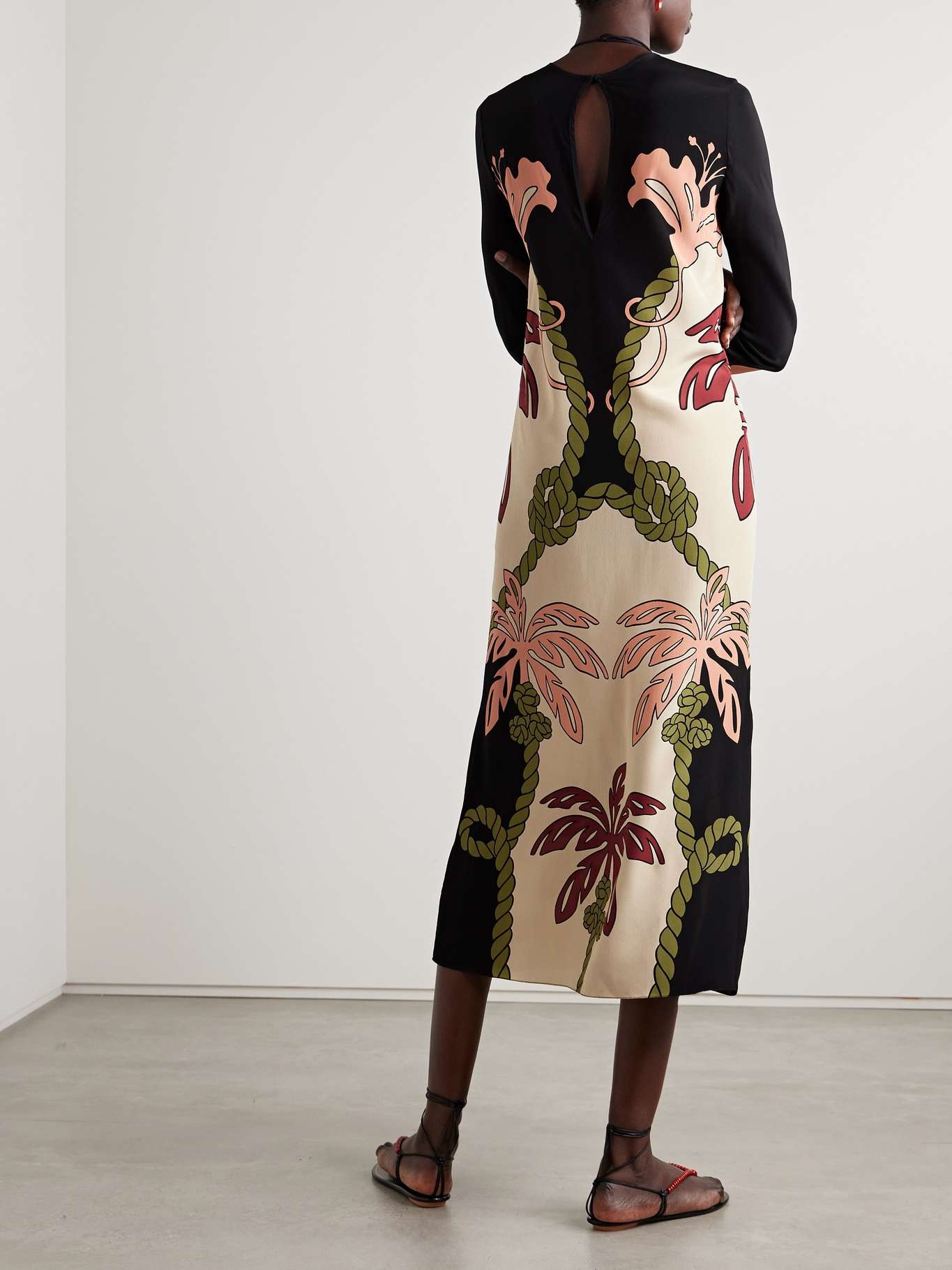 Queen Palm belted printed silk crepe de chine midi dress Black - 3