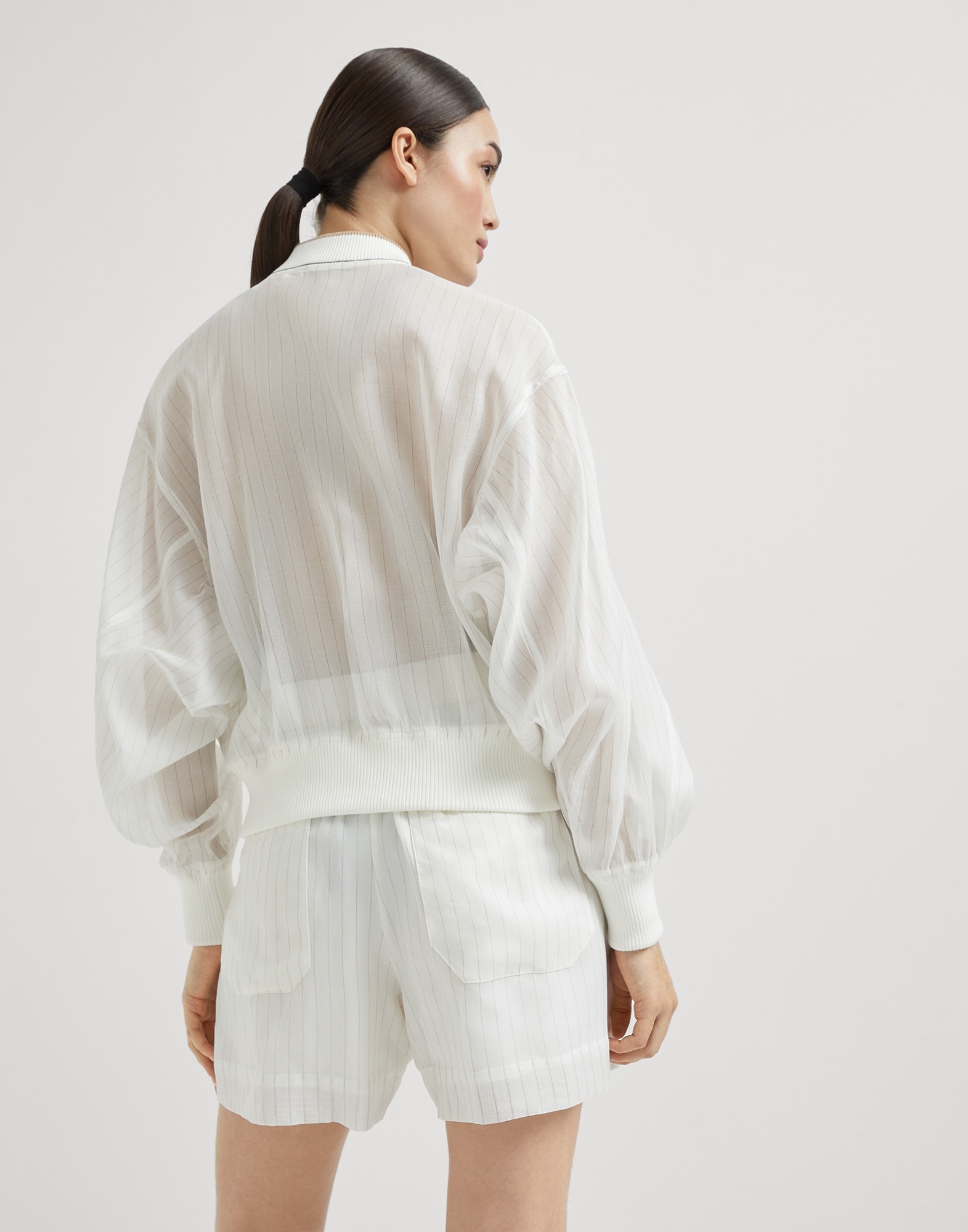 Cotton pinstripe organza bomber jacket with monili - 2
