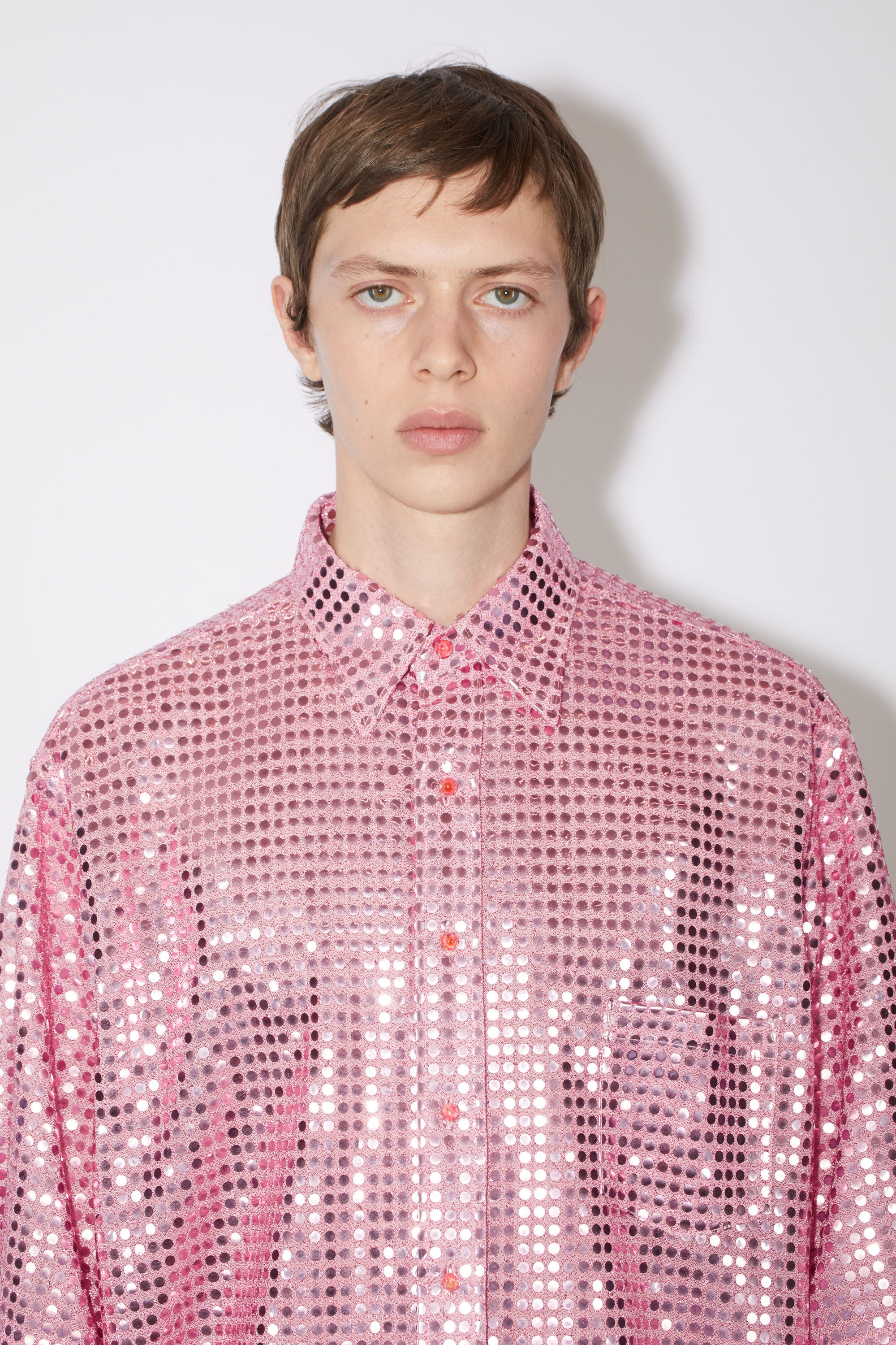 Sequined short sleeve button-up shirt - Pink - 5