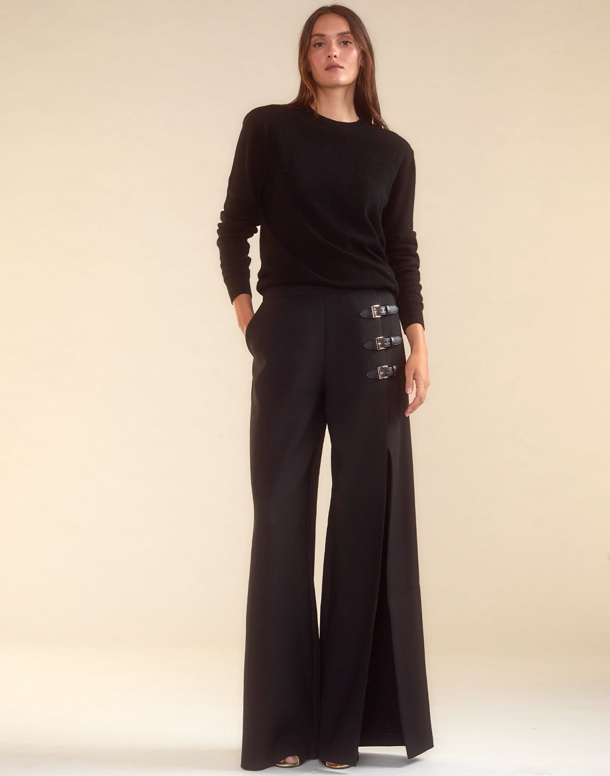 Buckle Strap Open-Leg Pants - 4