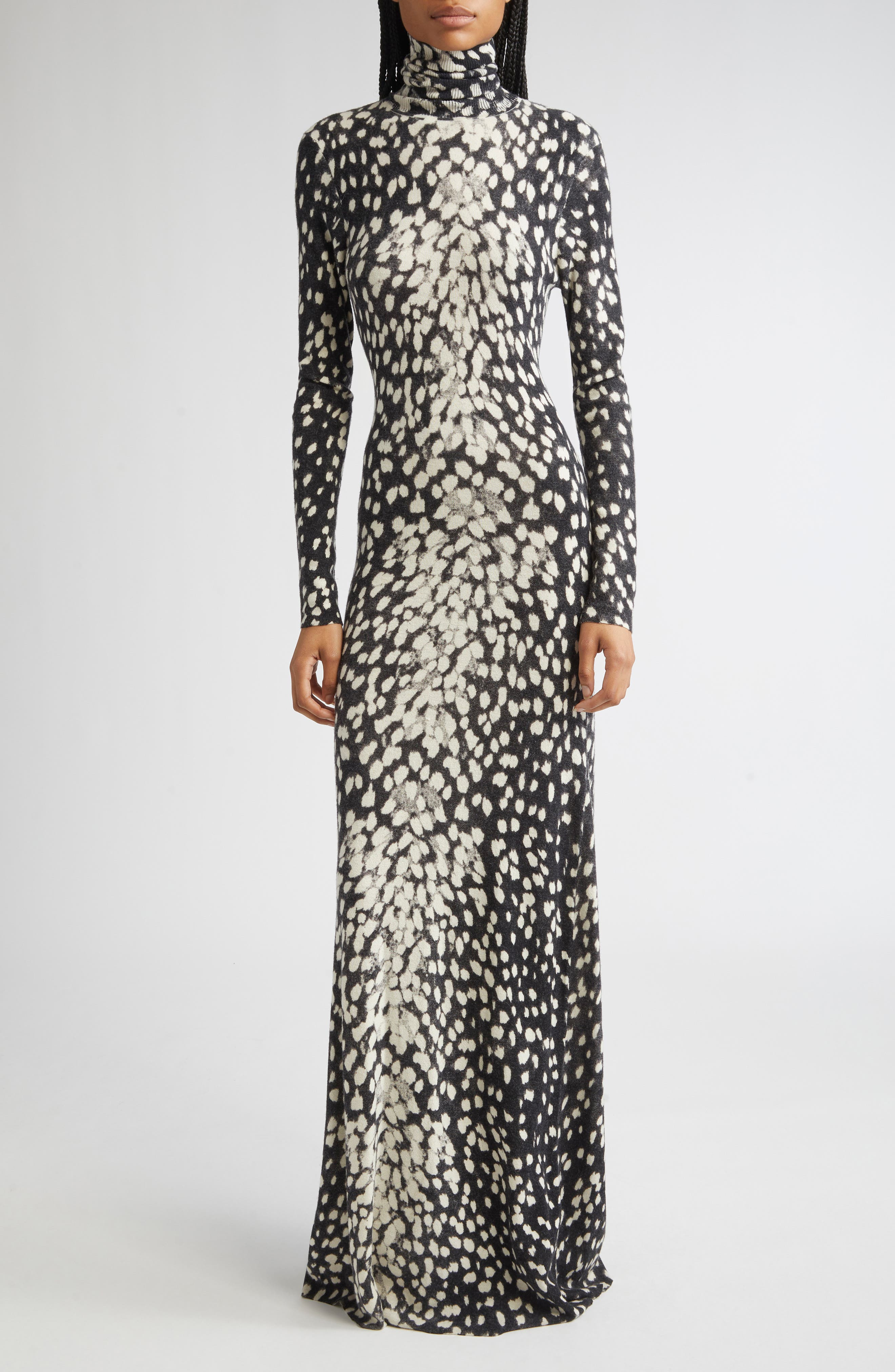 Brandon Maxwell The Camille Hand-Printed Long Sleeve Cashmere Turtleneck Sweater Dress in Snow Leopa - 1