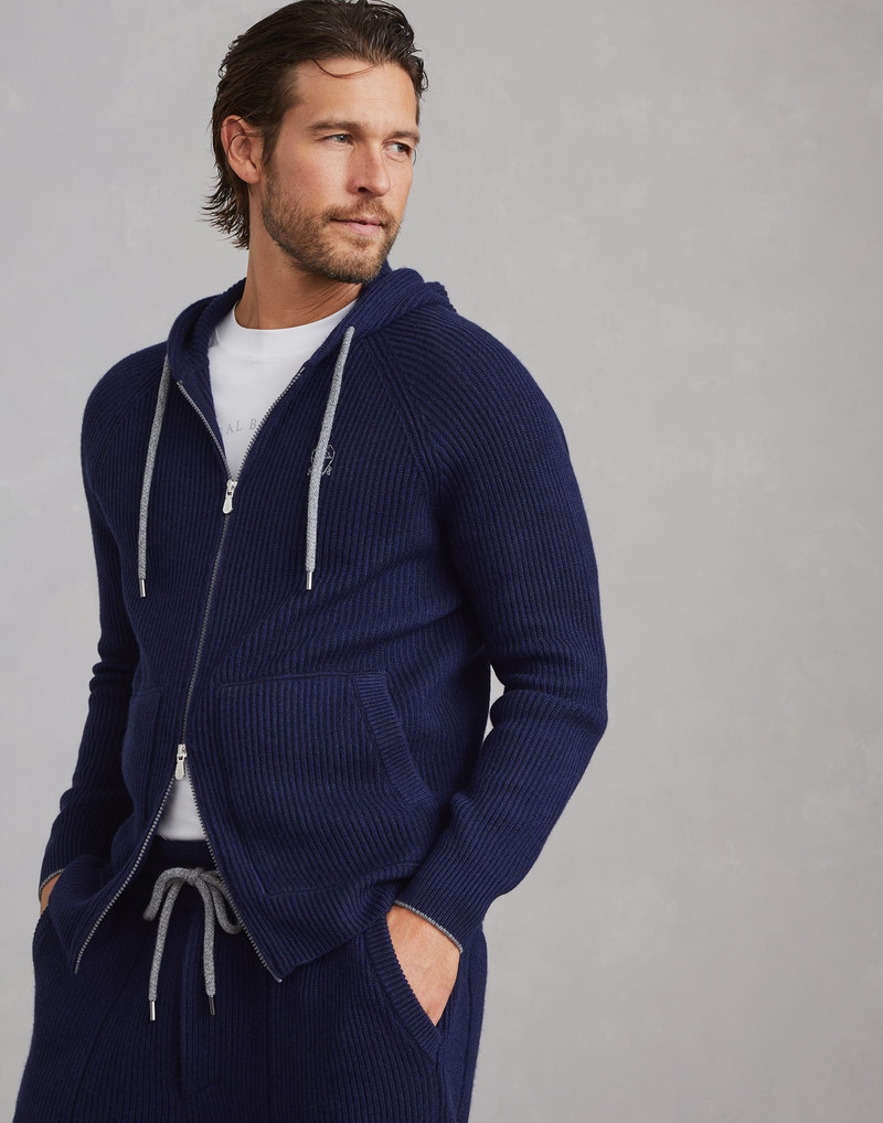 Cashmere English rib knit sweatshirt with hood - 1