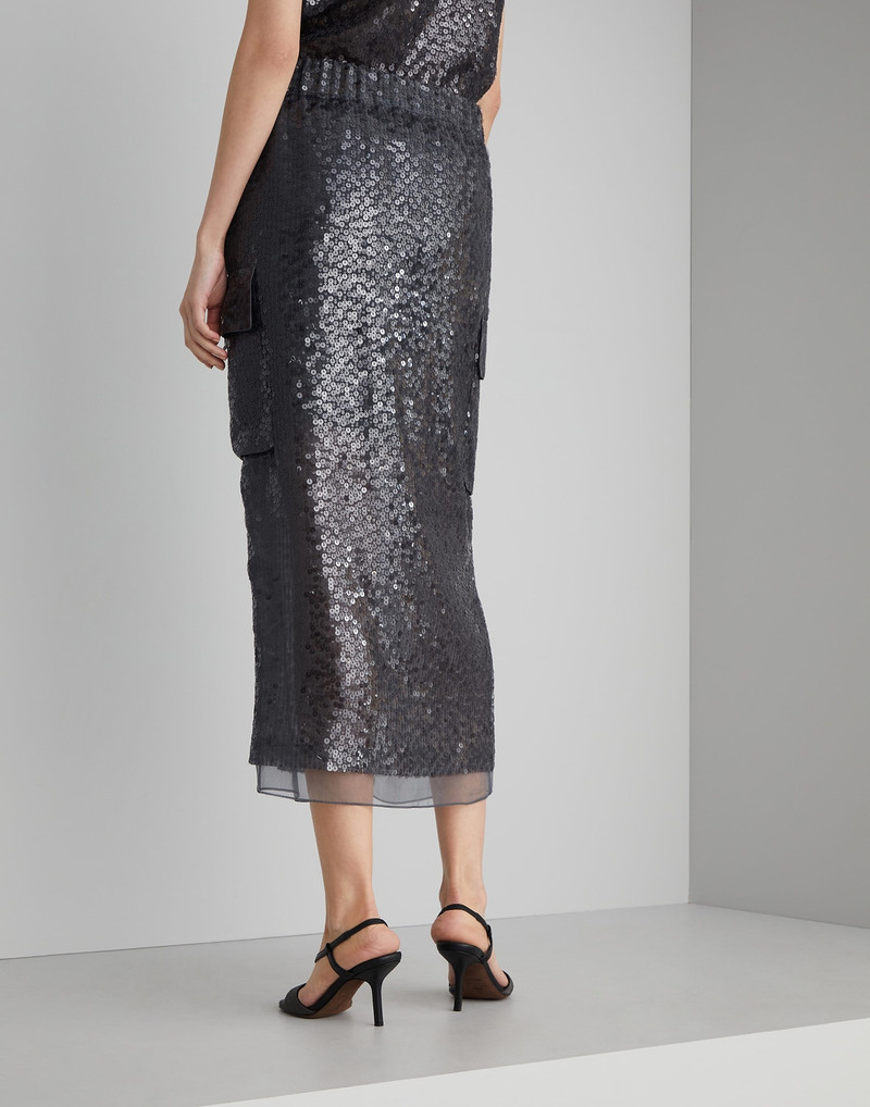 Brunello Cucinelli Dazzling embroidery cargo midi skirt in crispy silk outlook