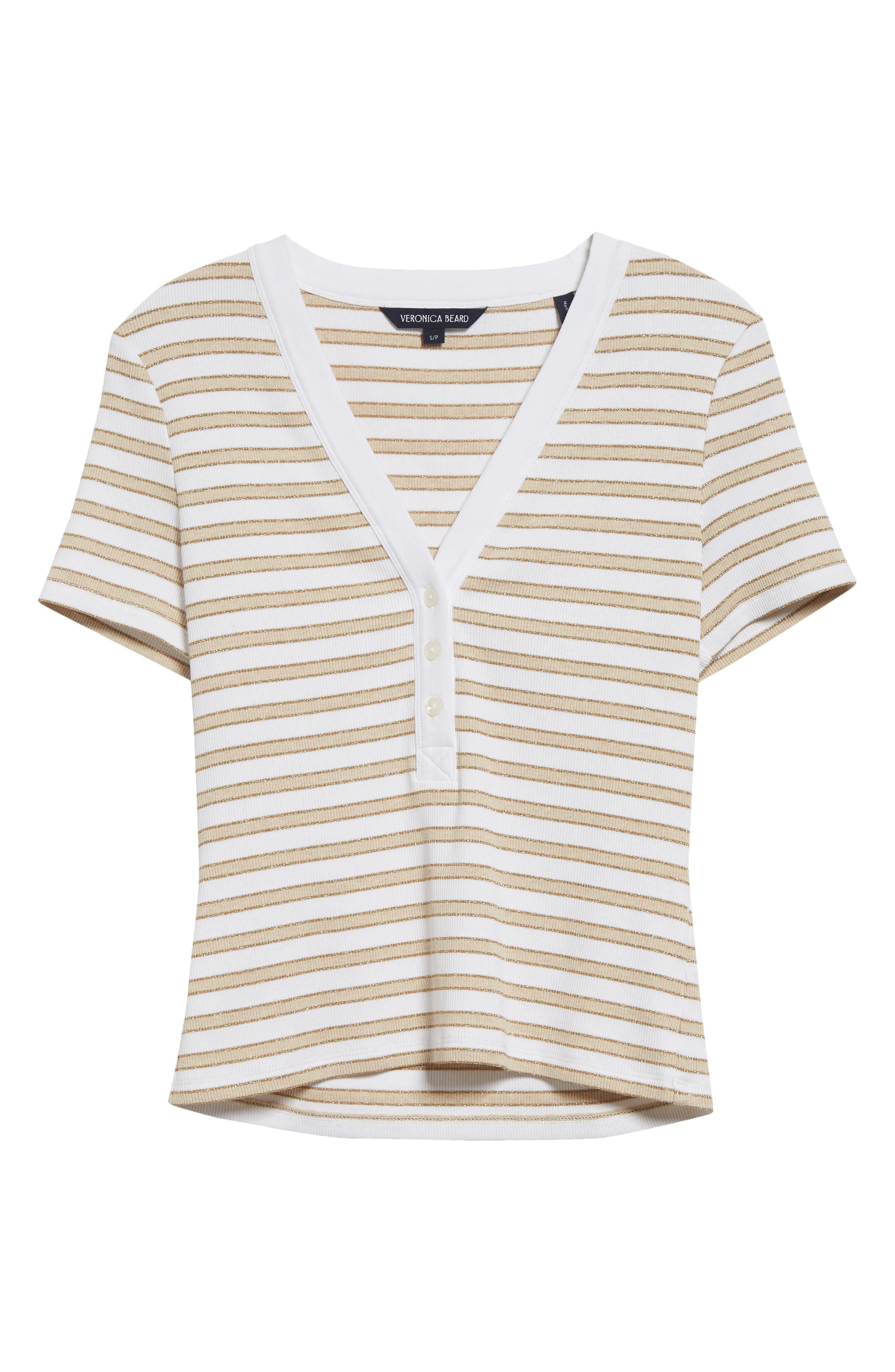 Veronica Beard Dekalb Stripe Stretch Cotton Henley Top in Khaki White at Nordstrom - 6