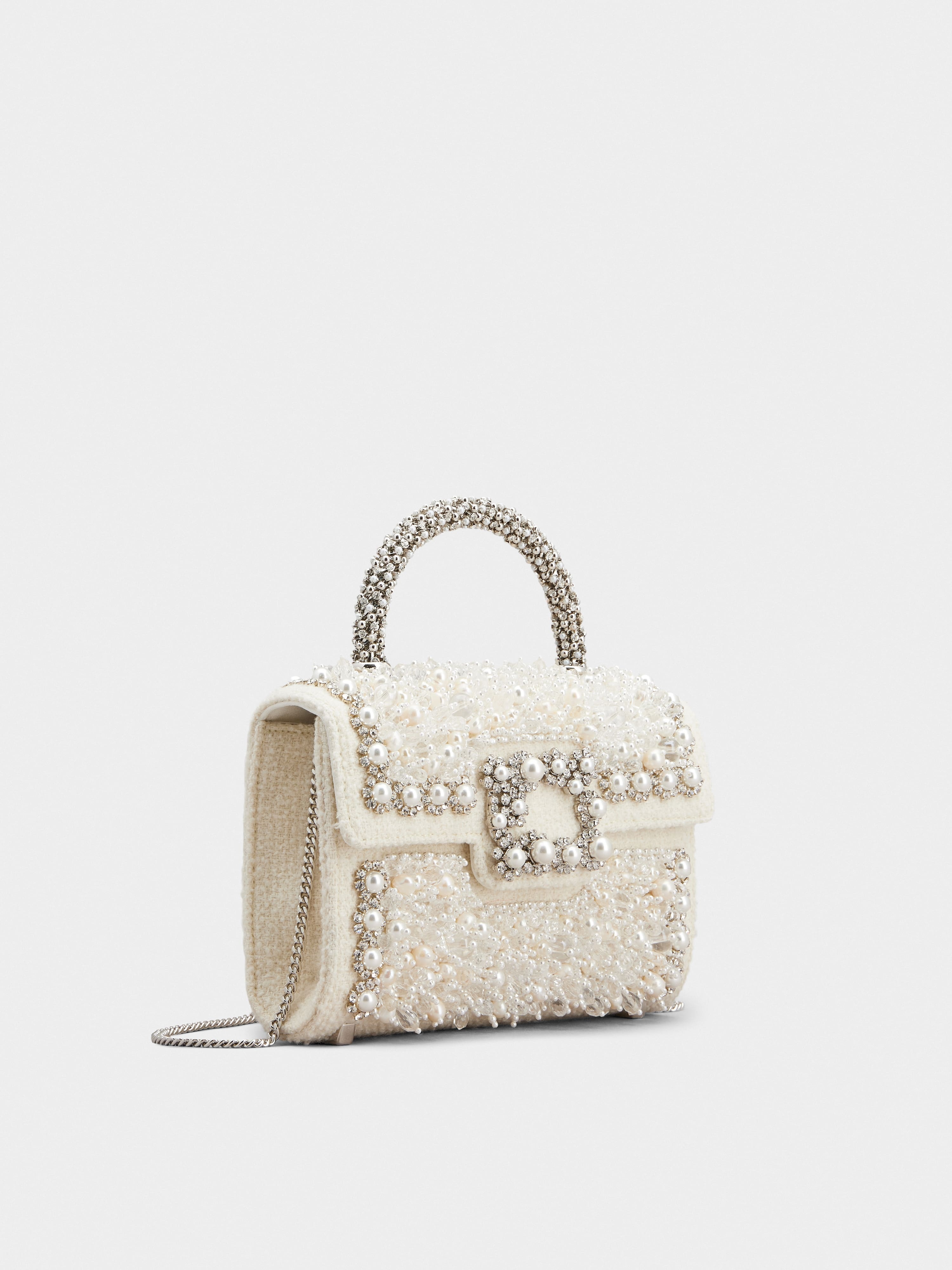 Flower Strass Pearl Mini Buckle Jewel Clutch Bag in Wool - 3