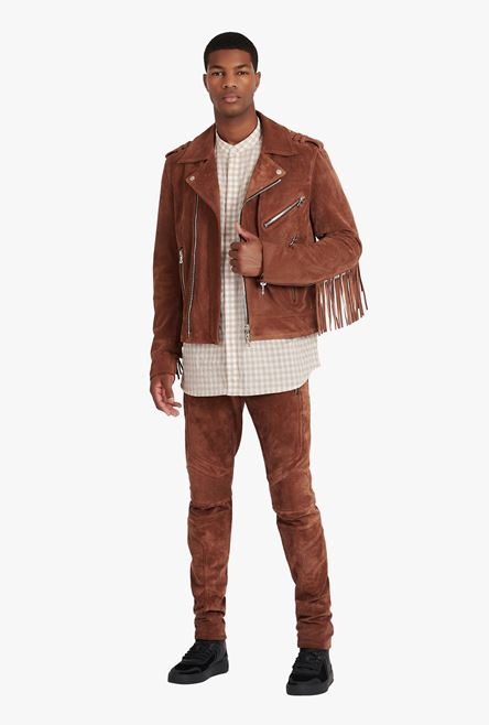 Balmain x Netflix -Hazelnut brown suede biker jacket - 2