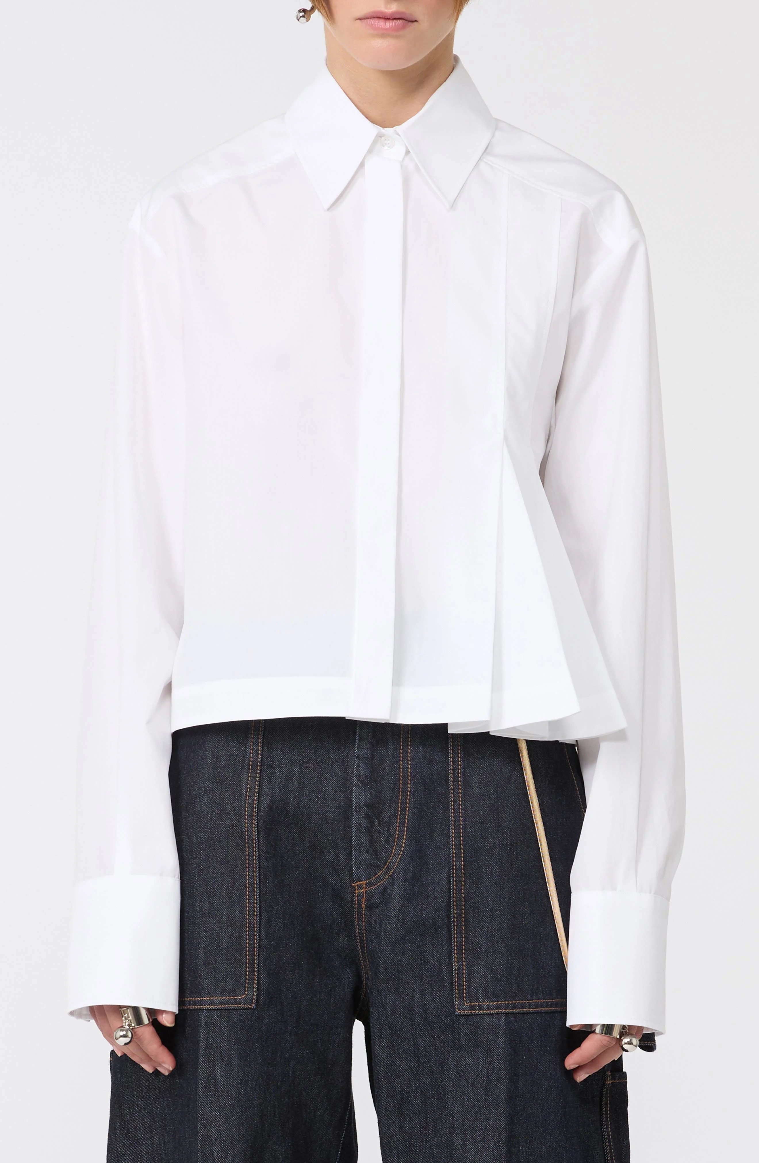 SPORTMAX Certo Pleated Crop Poplin Button-Up Shirt in Optical White at Nordstrom - 1