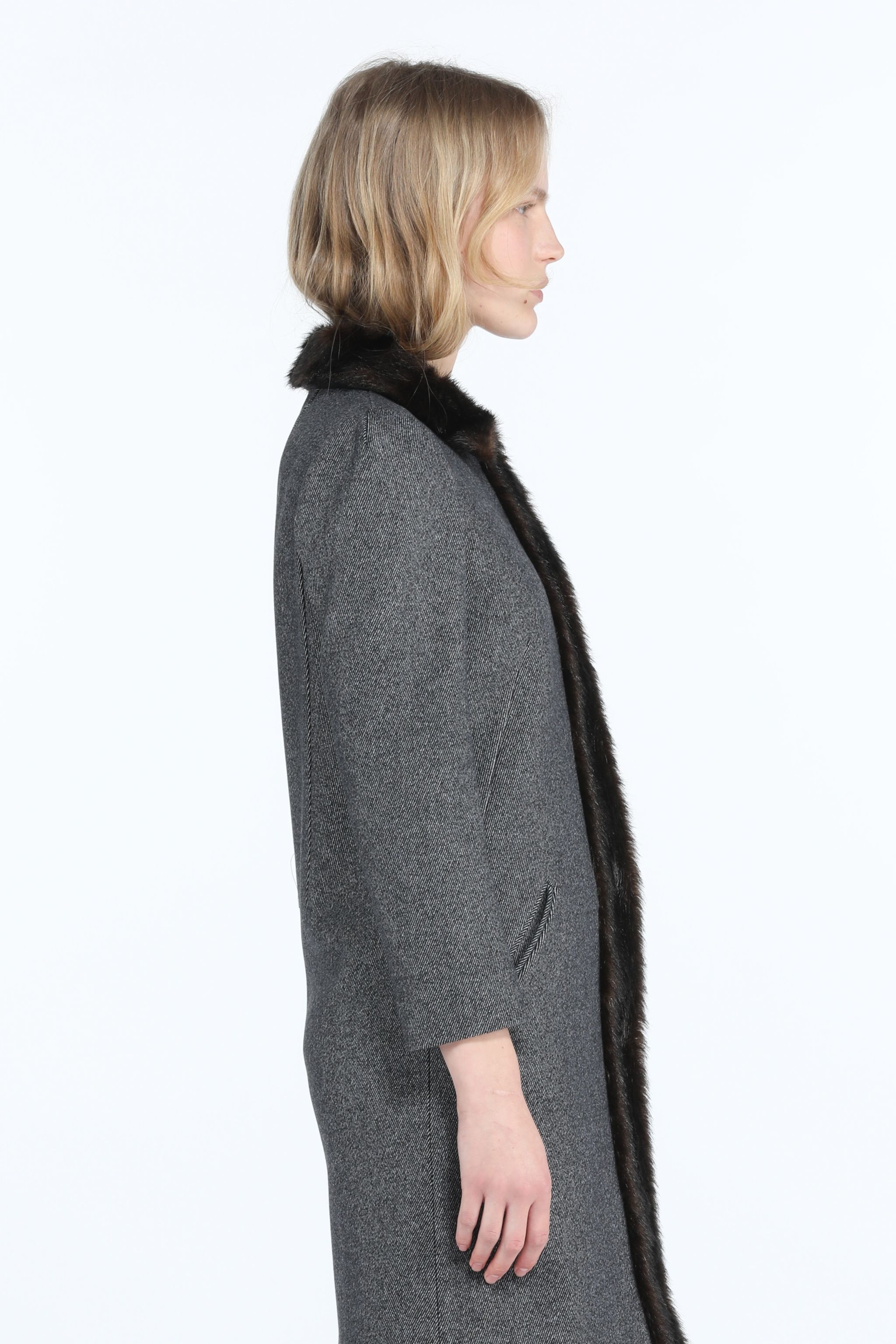 FAUX FUR-TRIM HERRINGBONE COAT - 3