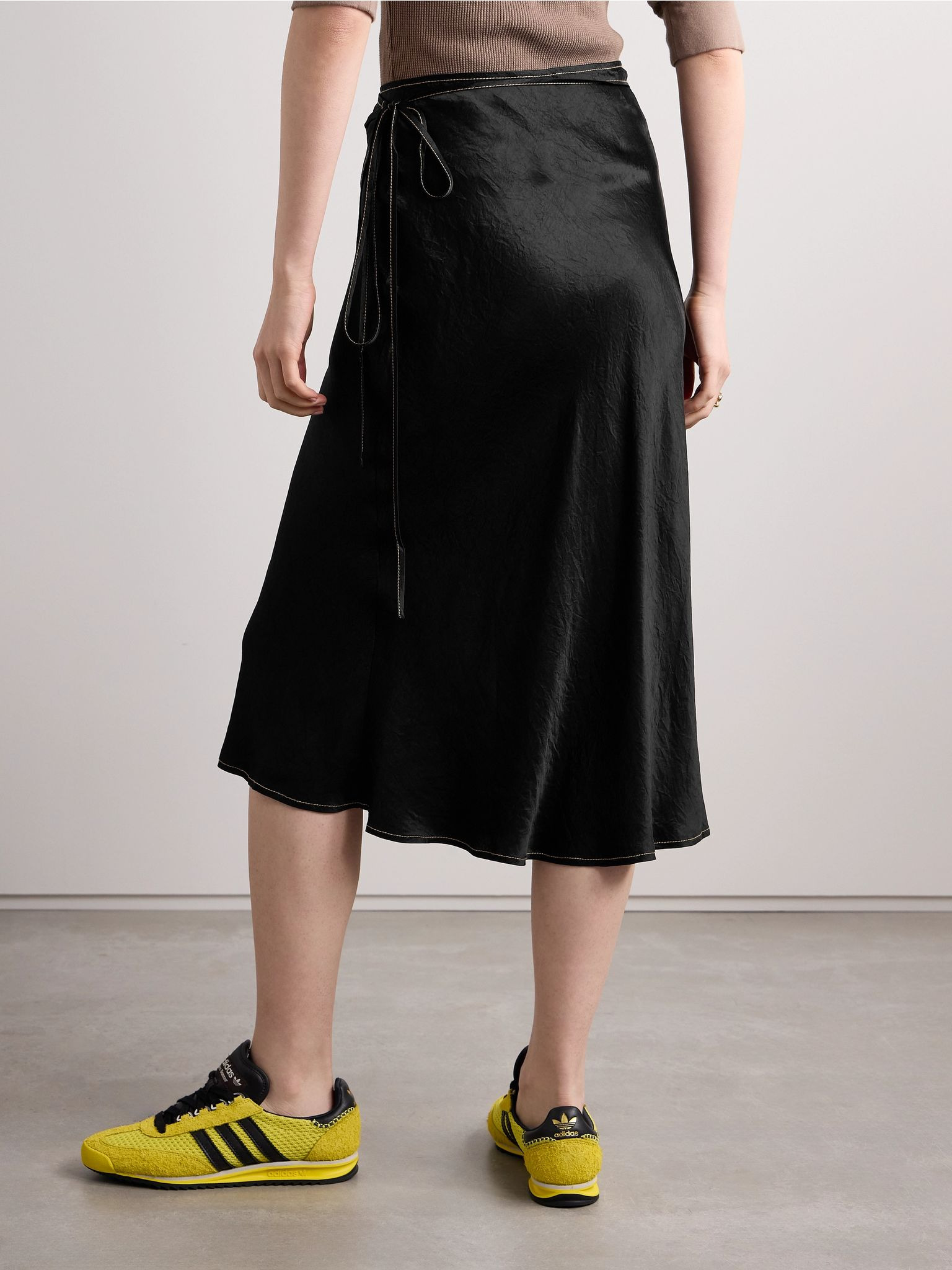 Wrap-effect crinkled-satin midi skirt Black - 3