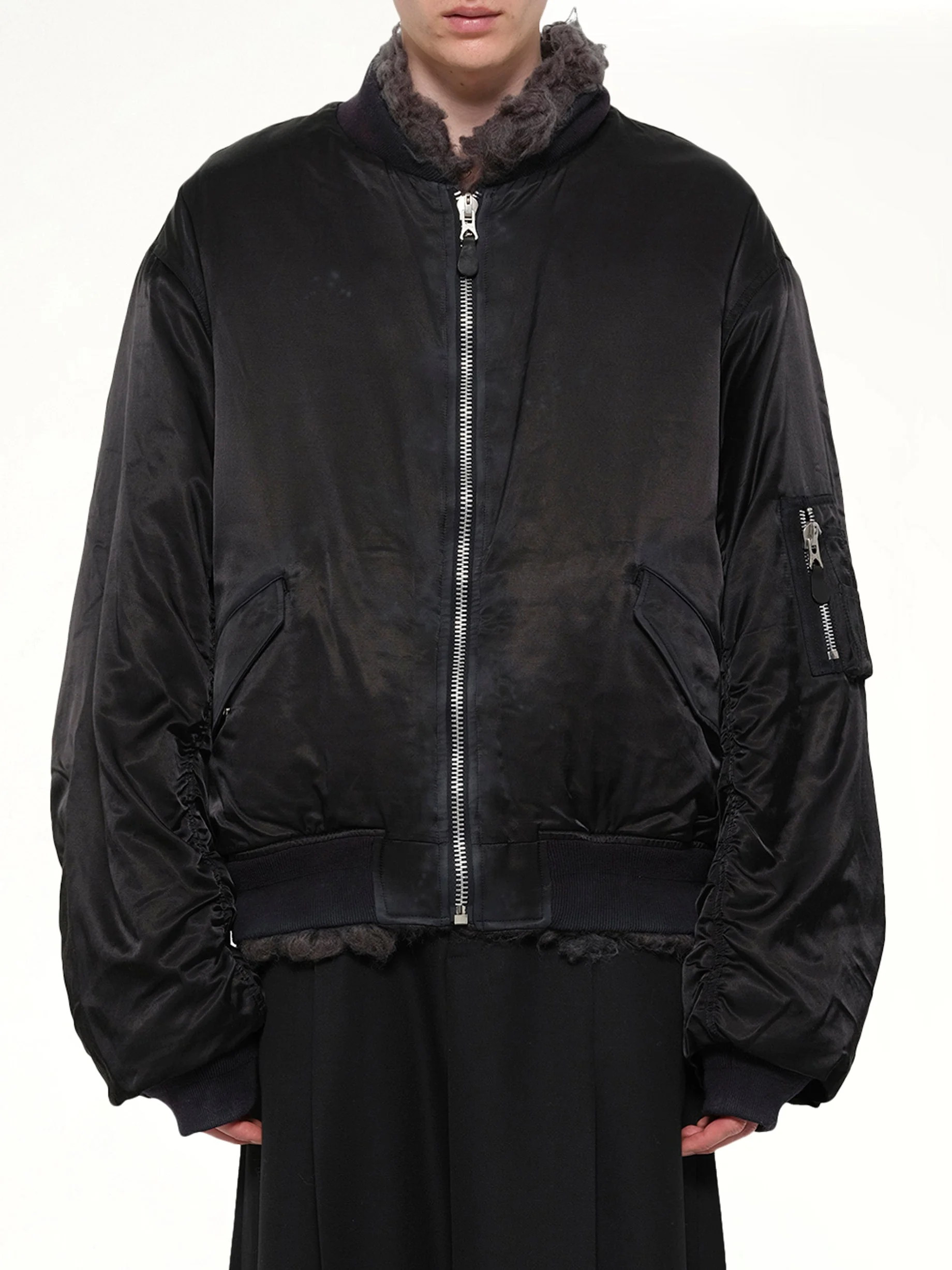 Smoke Fur Reversible Bomber Jacket in Black - 1