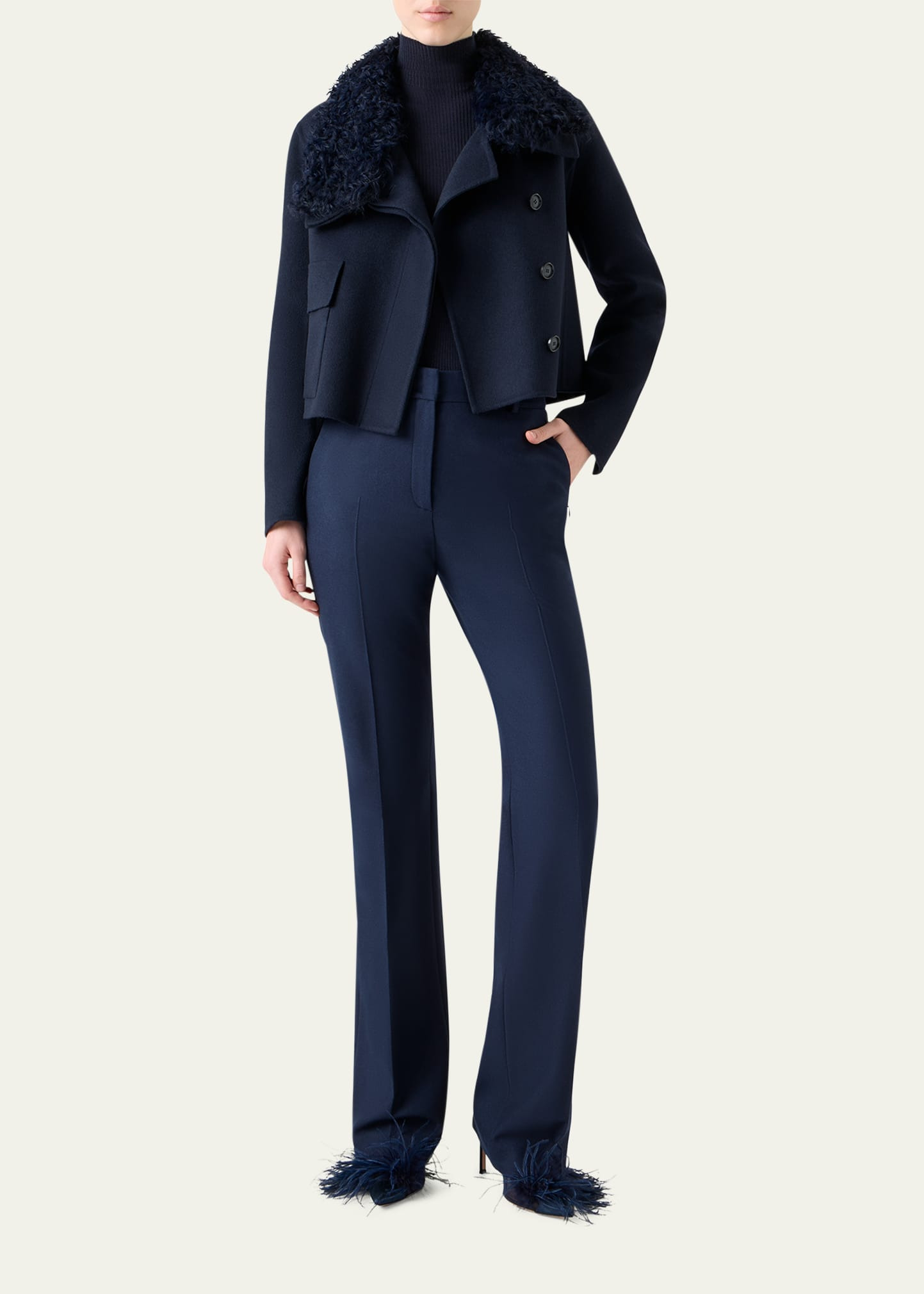 Edena Cashmere Short Jacket With Detachable Shearling Goat Collar - 2