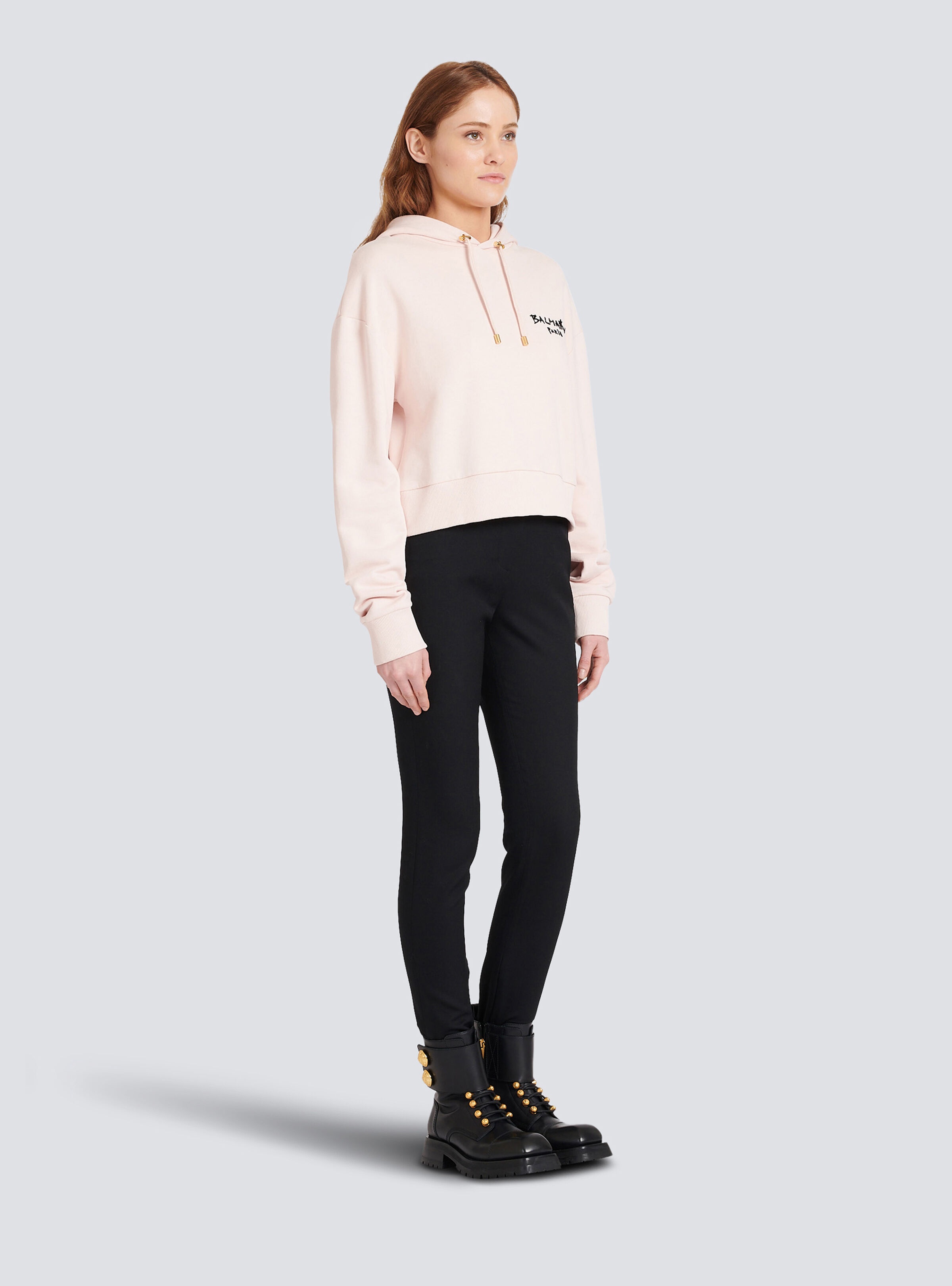 Cropped eco-design cotton sweatshirt with flocked graffiti Balmain logo - 6