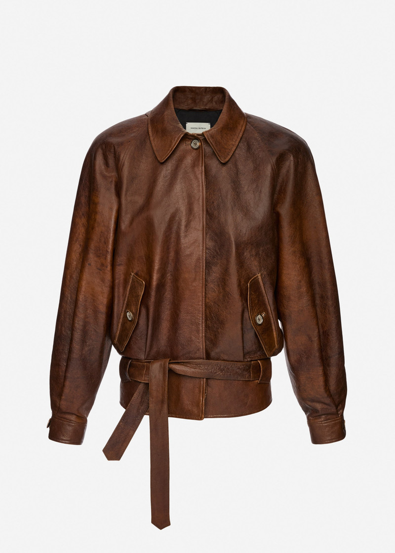 Belted leather jacket in vintage brown 1