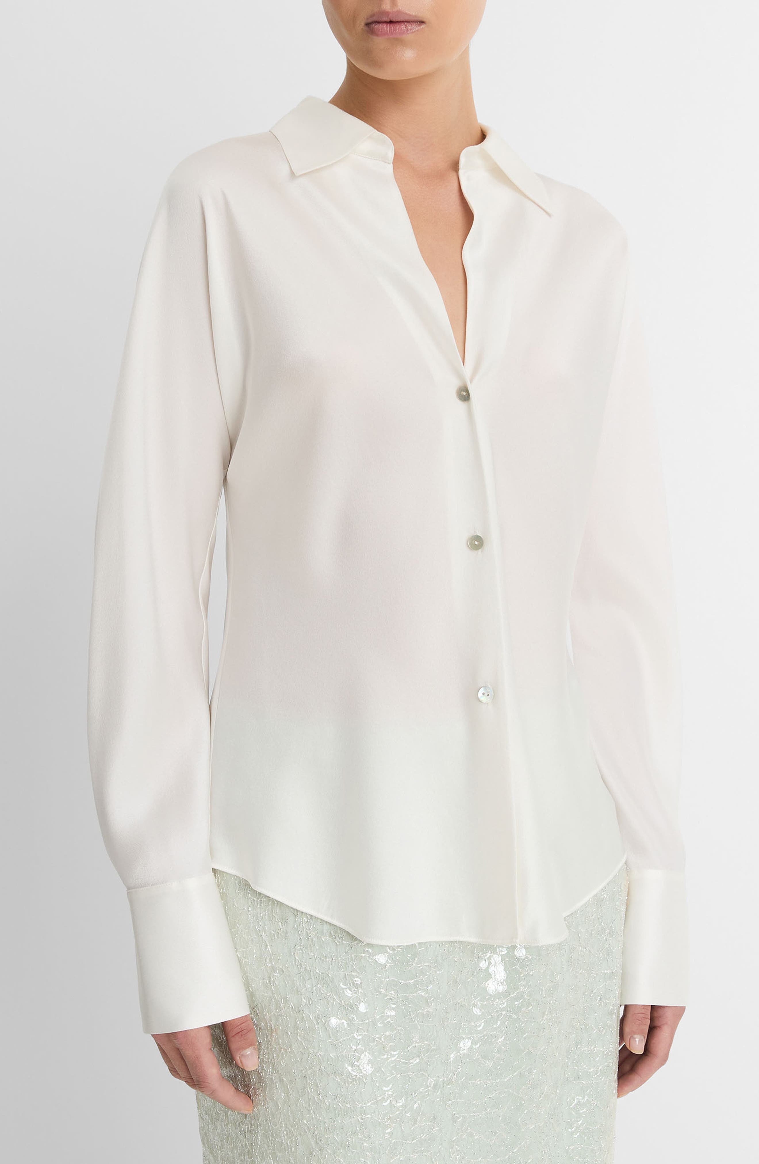 Vince Silk Button-Up Shirt in Off White at Nordstrom - 3