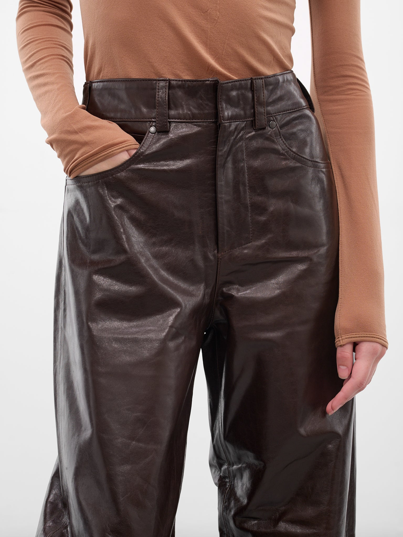 Dark Brown Leather Straight Trousers - 4