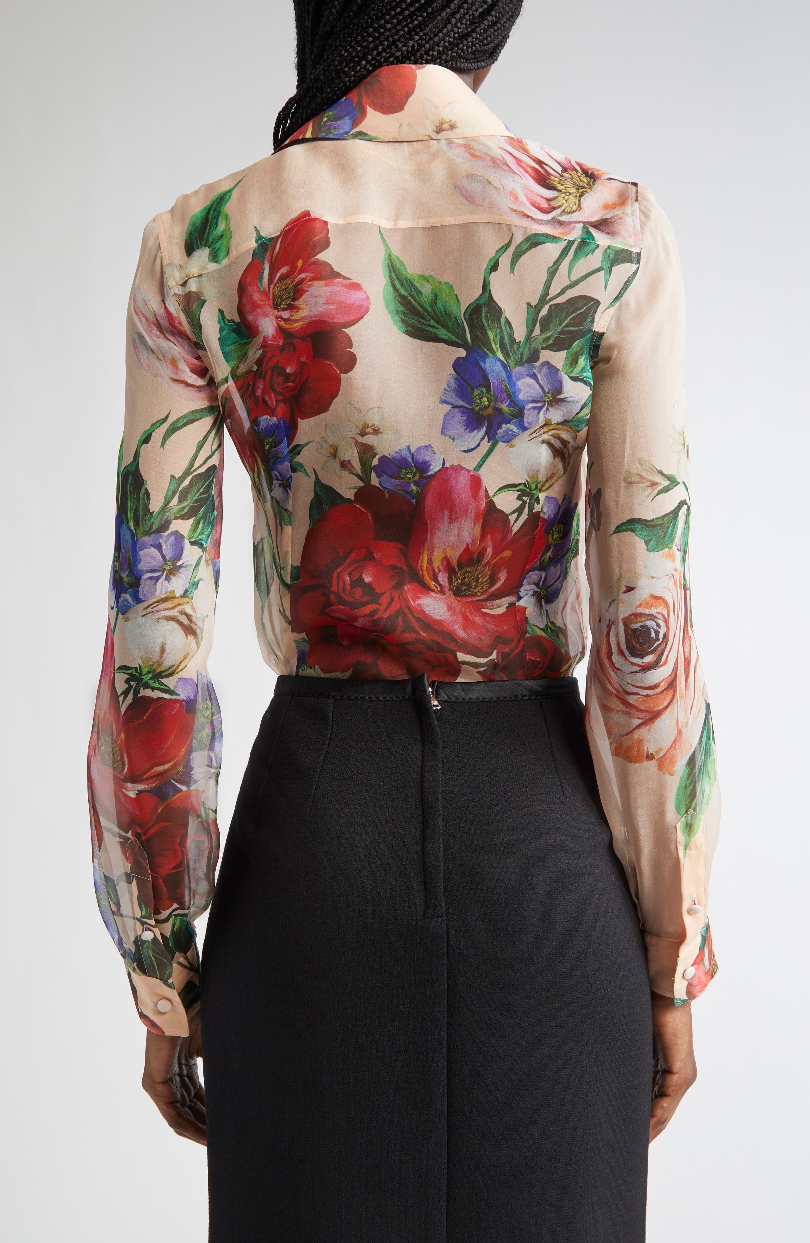 Dolce&Gabbana Floral Print Silk Chiffon Button-Up Shirt in Beige Print Floral at Nordstrom - 2