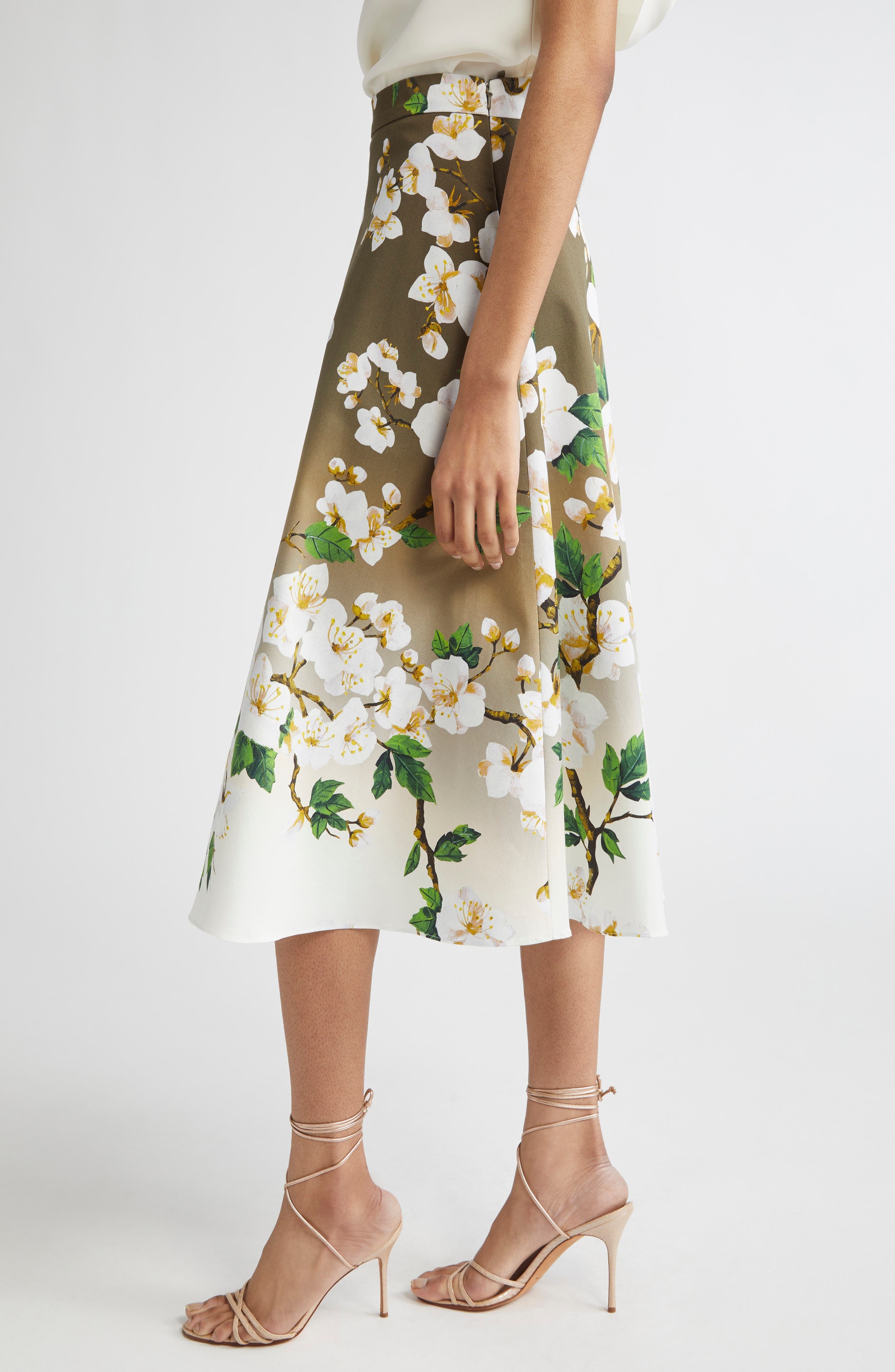 Oscar de la Renta Cherry Blossom Dégradé Poplin Midi Skirt in White Khaki Ombre at Nordstrom - 3