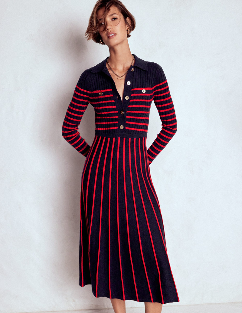 Brönte Knitted Rib Shirt Dress-Navy and Red Stripe 6