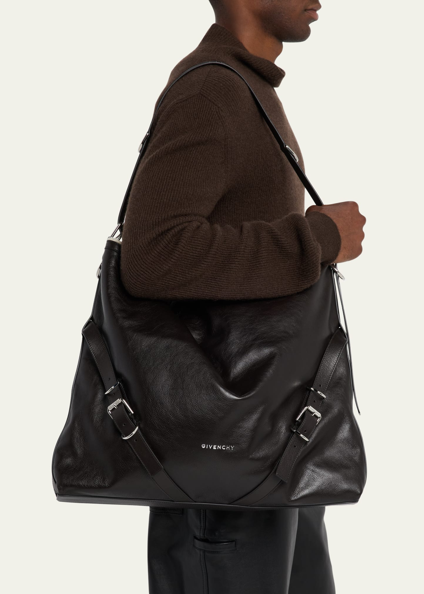 Men's Voyou Large Leather Shearling-Lined Shoulder Bag - 2