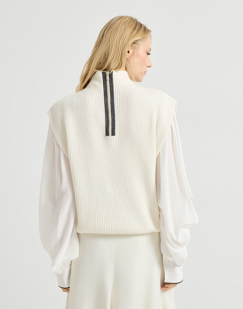 Brunello Cucinelli Cashmere English rib knit sleeveless turtleneck sweater with precious zipper outlook