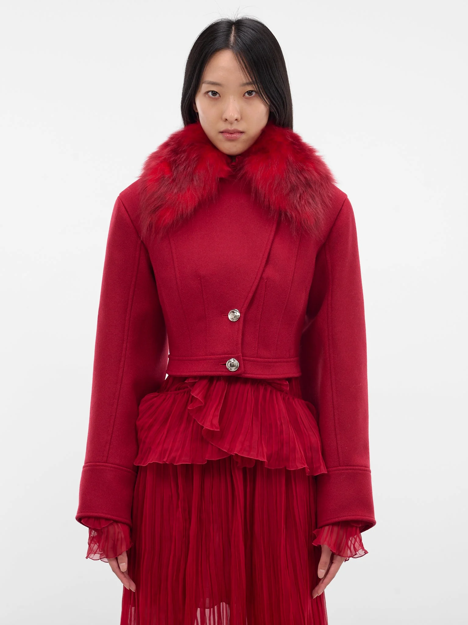 Red Wool Cropped Tailored Jacket - 1