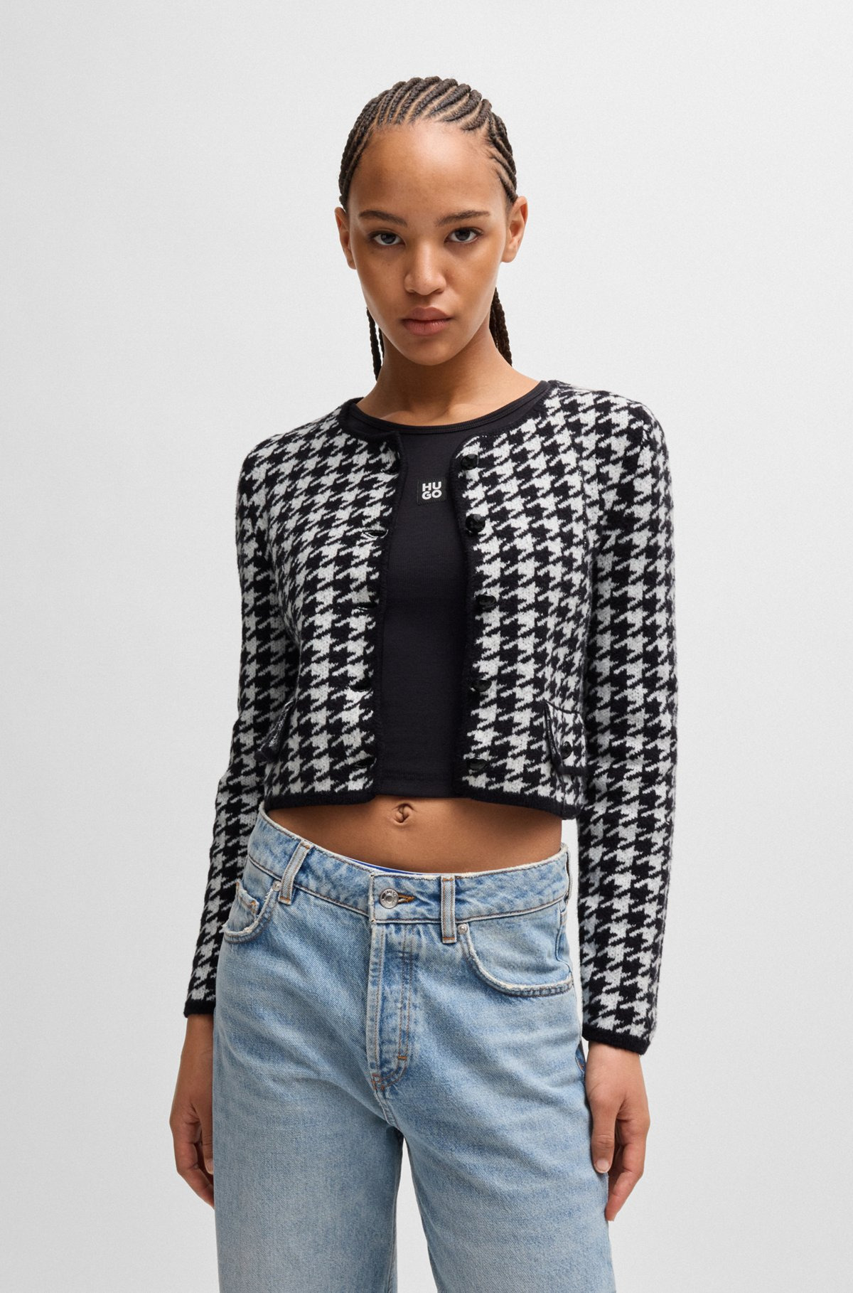 CROPPED CARDIGAN IN A HOUNDSTOOTH COTTON BLEND - 2