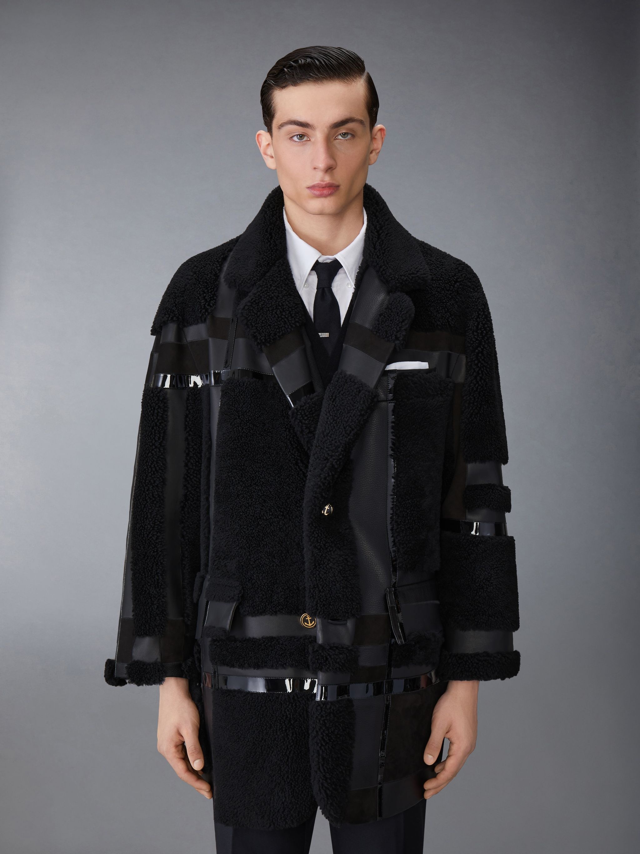 Intarsia Mixed Leather Dyed Shearing Oversized Overcoat - 1