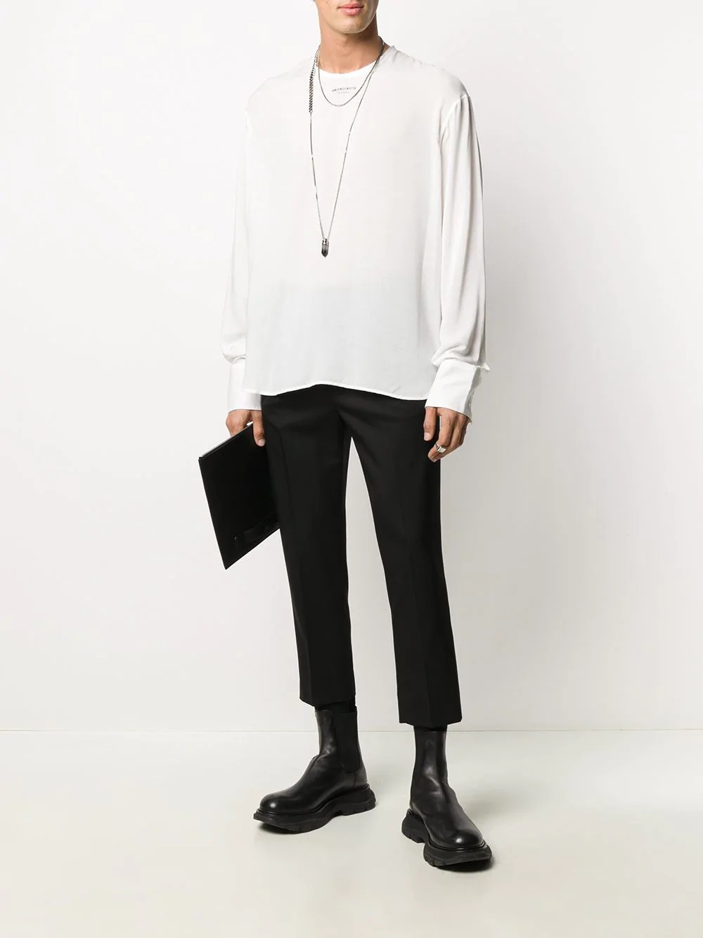 long sleeve raw-cut edge shirt - 2