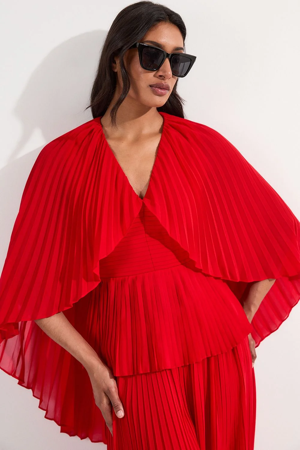 Pleated Cape Sleeve Plunge Neck Woven Top - 1