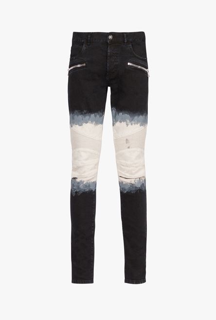 Slim cut black and white tie-dye ribbed cotton jeans - 1