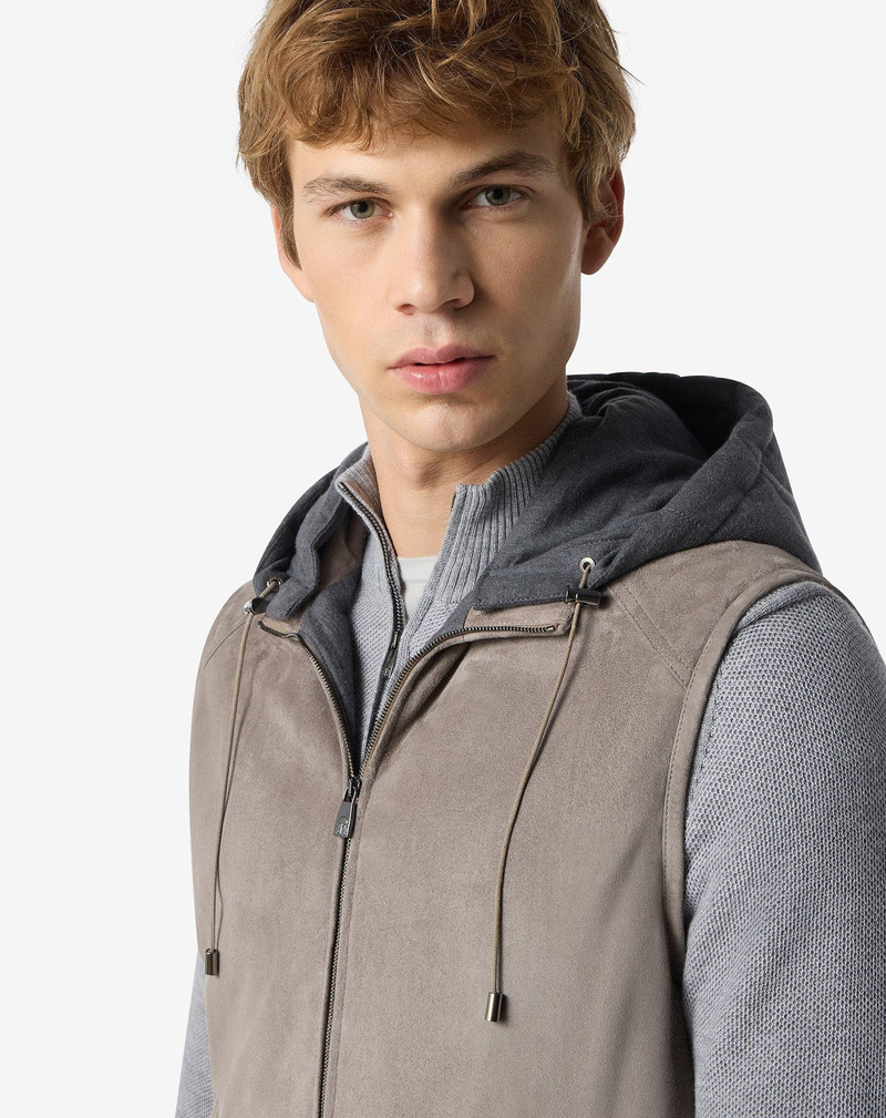 Greige suede gilet with detachable hood 4