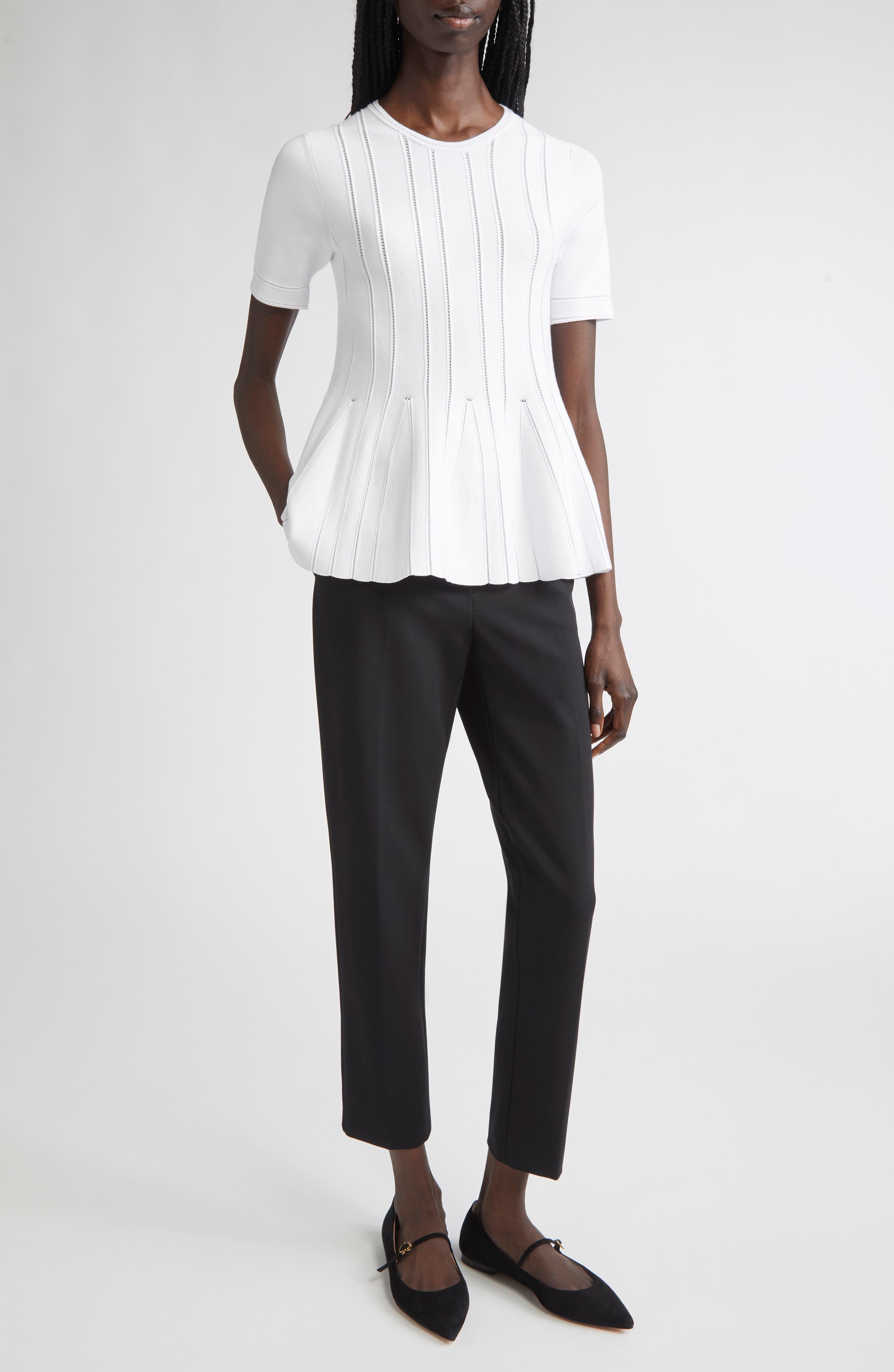 Max Mara Epoche Short Sleeve Peplum Sweater in White at Nordstrom - 7