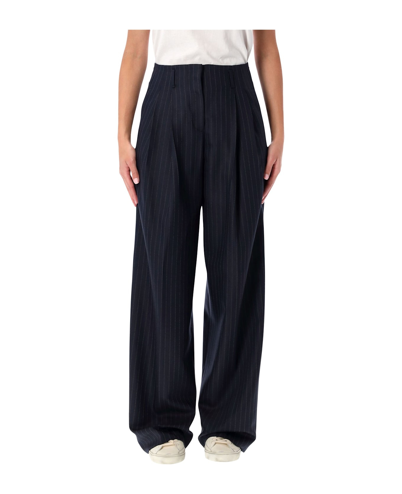 Navy Blue Wool Pinstripe Trousers - 1