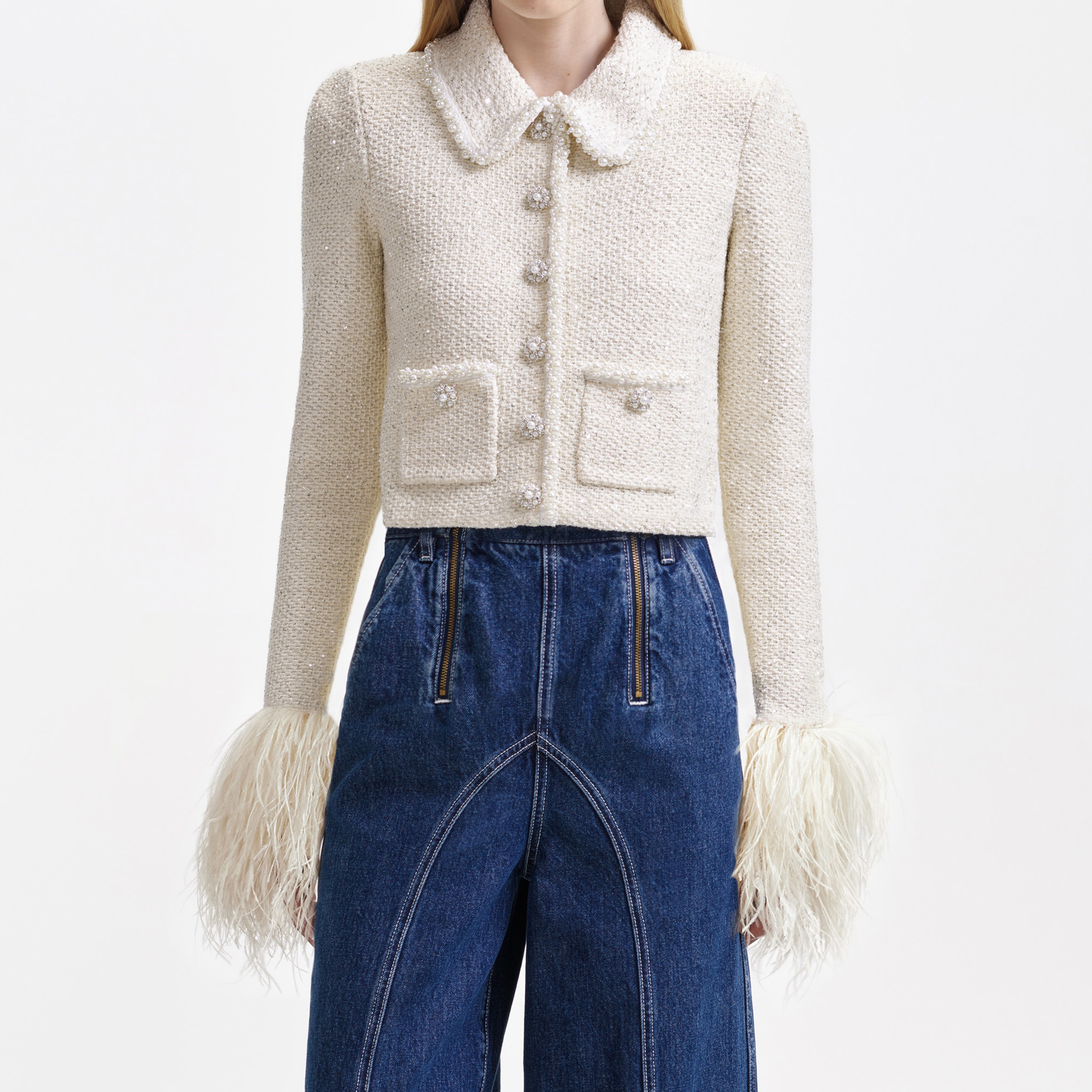 Cream Sequin Pearl Cropped Feather Cardigan