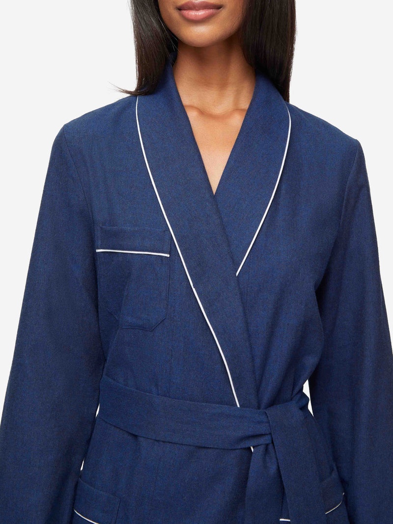 Women's Long Dressing Gown Balmoral 3 Brushed Cotton Navy - 6