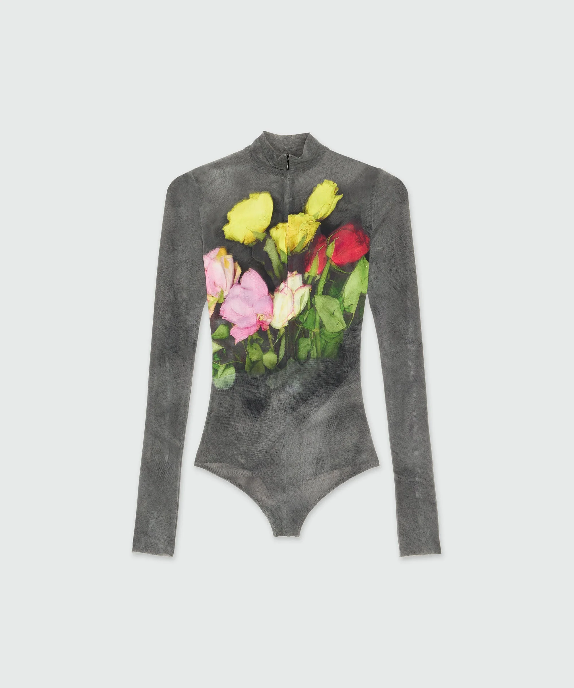 Black stretch tulle bodysuit with "Roses bouquet" graphic - 1
