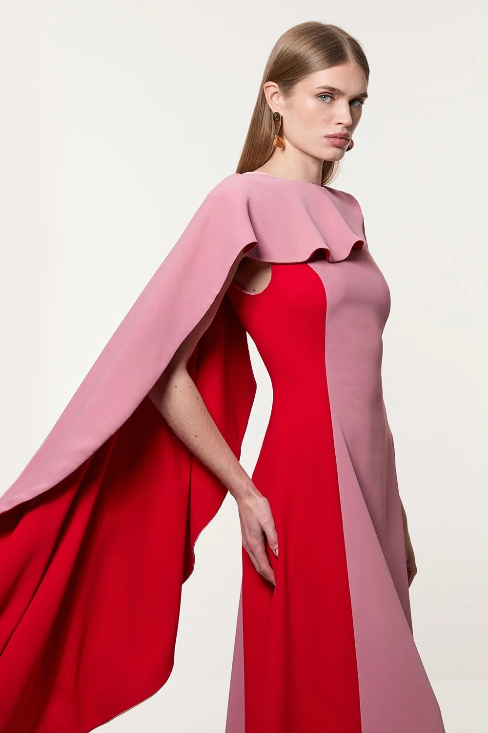 Petite Soft Tailored Colour Block Cape Detail Full Skirted Maxi Dress - 1