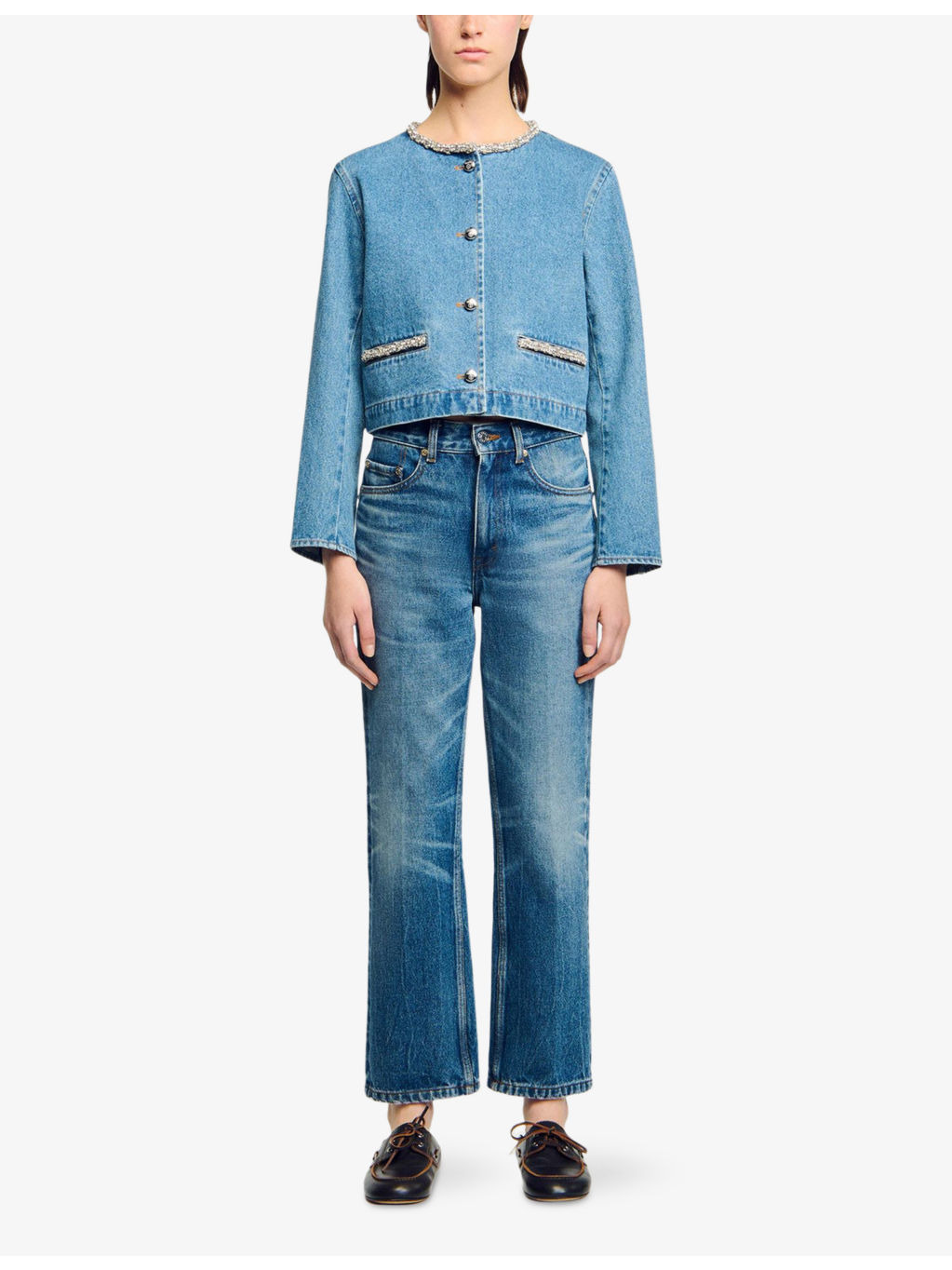 Rhinestone-Embellished Round-Neck Denim Jacket - 2