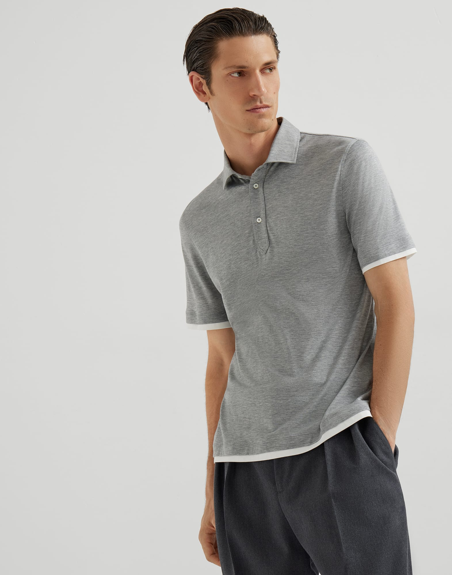 Silk and cotton lightweight jersey polo with shirt-style collar and faux-layering - 1
