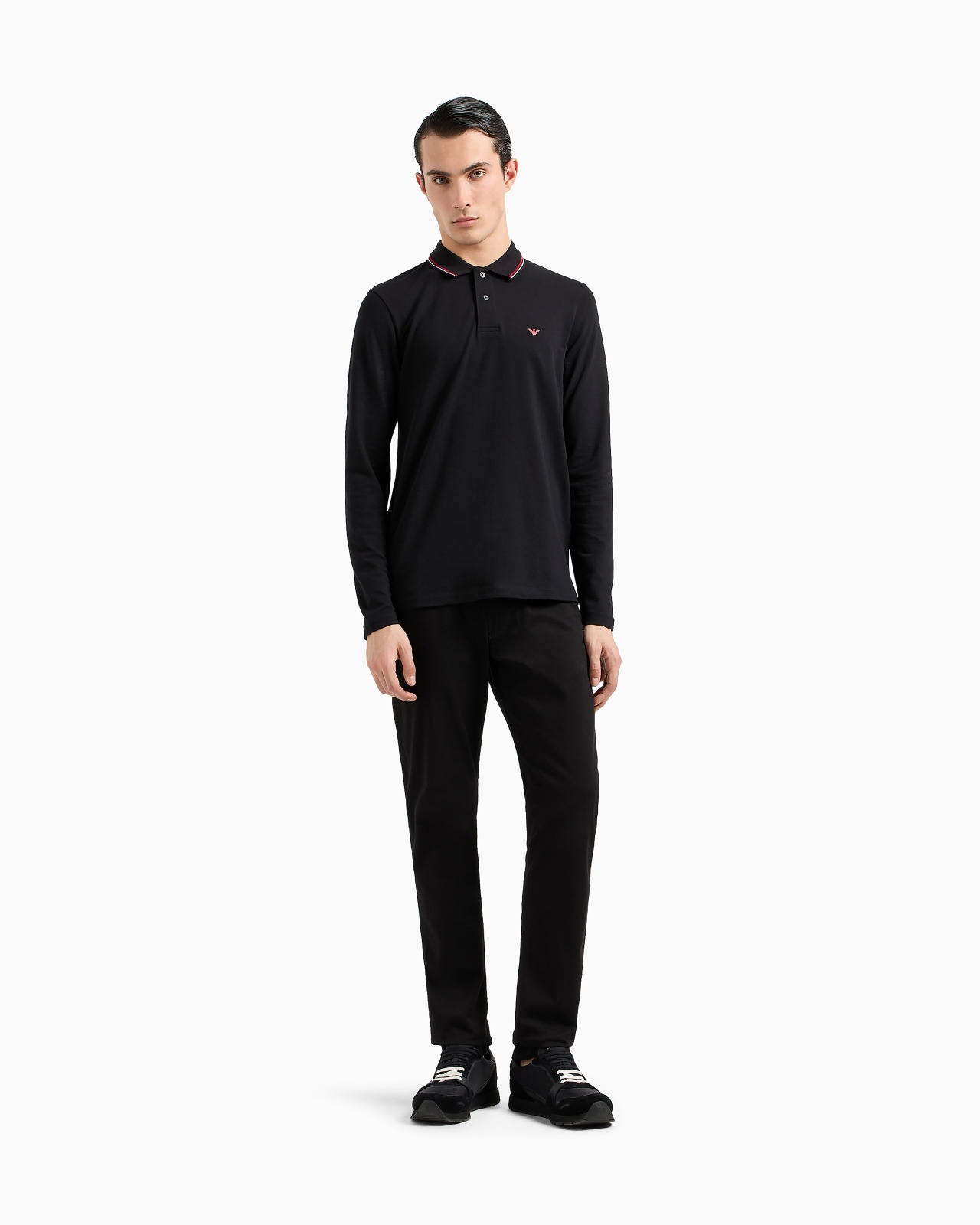 Long-sleeved stretch piqué polo shirt with micro eagle embroidery - 2